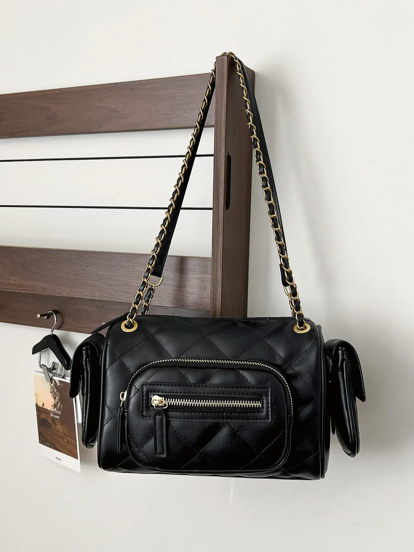 1Pc Black Diamond Quilted Boston Crossbody Bag Multi Pockets Barrel Shoulder Bag with Dual Style Metal Leather Chain Strap, Side Small Coin Pouch Ornament, Large Capacity Soft Handbag Casual Commuter Bag For Daily Commute, Dating and Street Outfits
