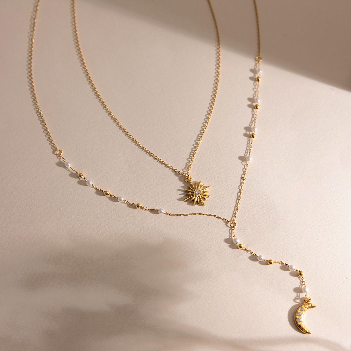 Sun & Moon Pendant Necklace, Double Layer Pearl Choker, Anti-Tarnish