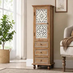 ARCH Rustic Tall Narrow Storage Cabinet with Decorative Cutout Door and 3 Drawers, Distressed Natural Wood Finish Accent Chest Organizer for Living Room Bedroom Hallway, 15.55 W x 18.11 D x 53.74 H Inches, Fir Wood and MDF Construction