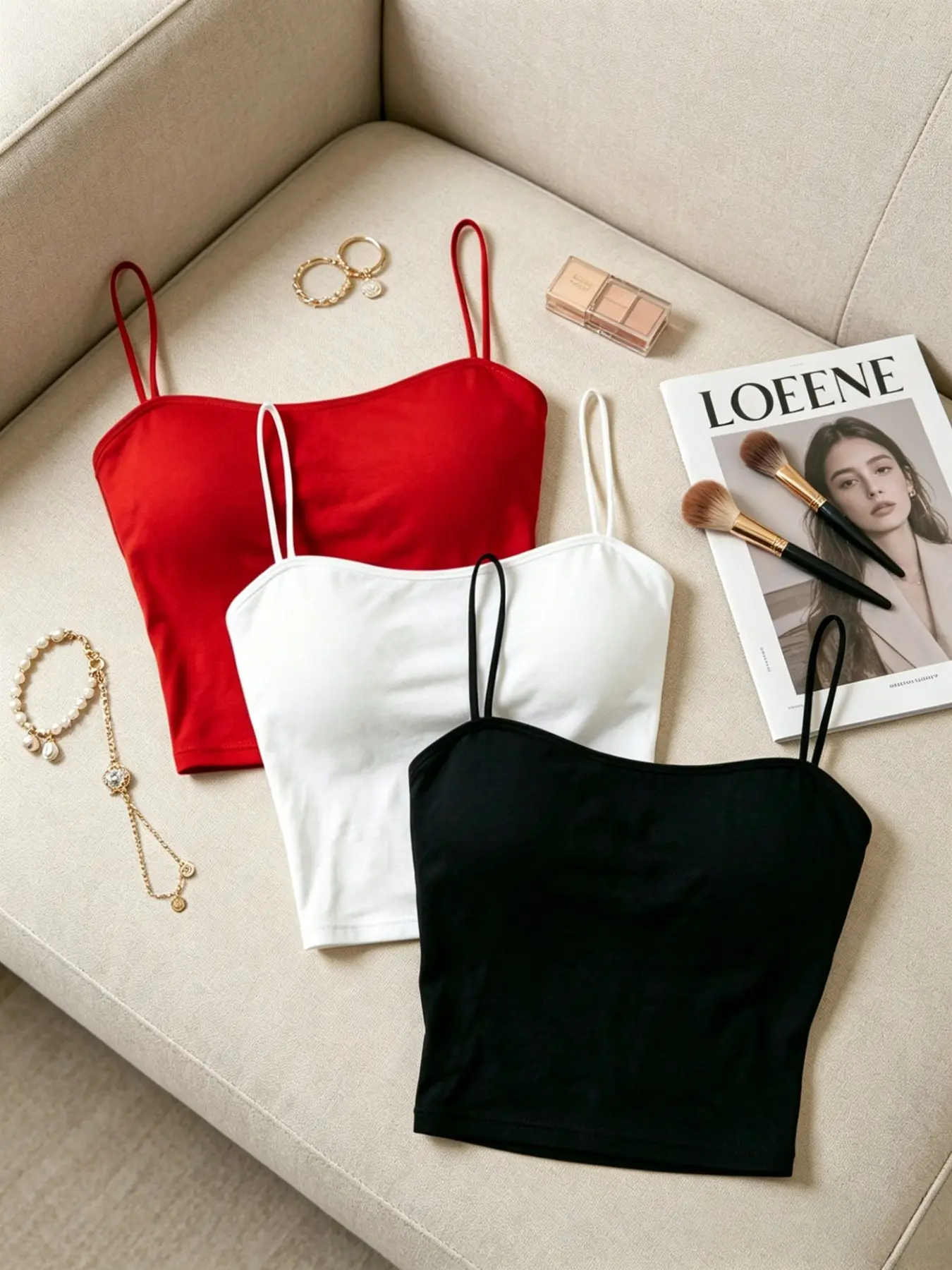 Women's Basic Strapless Camisole Tank Top 3-Piece Set, Slim-Fitting Elastic Short Sleeve Shirt, Casual Layering Wear for Daily Use