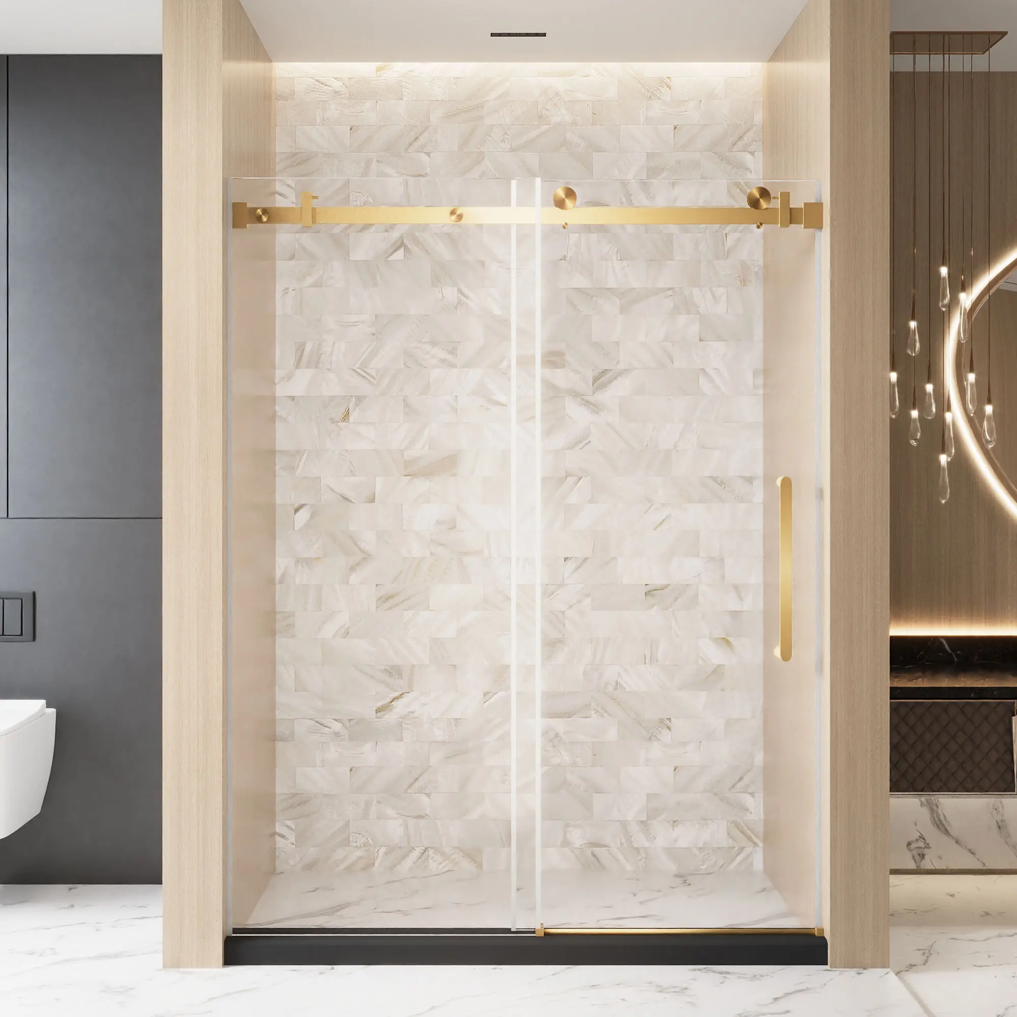 ARCH Frameless Single Sliding Shower Door 56-60" W x 76" H, 1/4" (6mm) Clear Tempered Glass with Explosion-Proof Film, Stainless Steel Handle and Square Tube Track, Brushed Gold Finish, for Bathroom Wet-Dry Separation, Brushed Gold Color Options