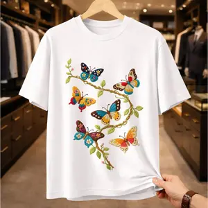 Folk Art Gift Tee For Her, Soft Cotton Vintage Embroidered Boho Floral Butterfly Cottagecore Nature Tshirt