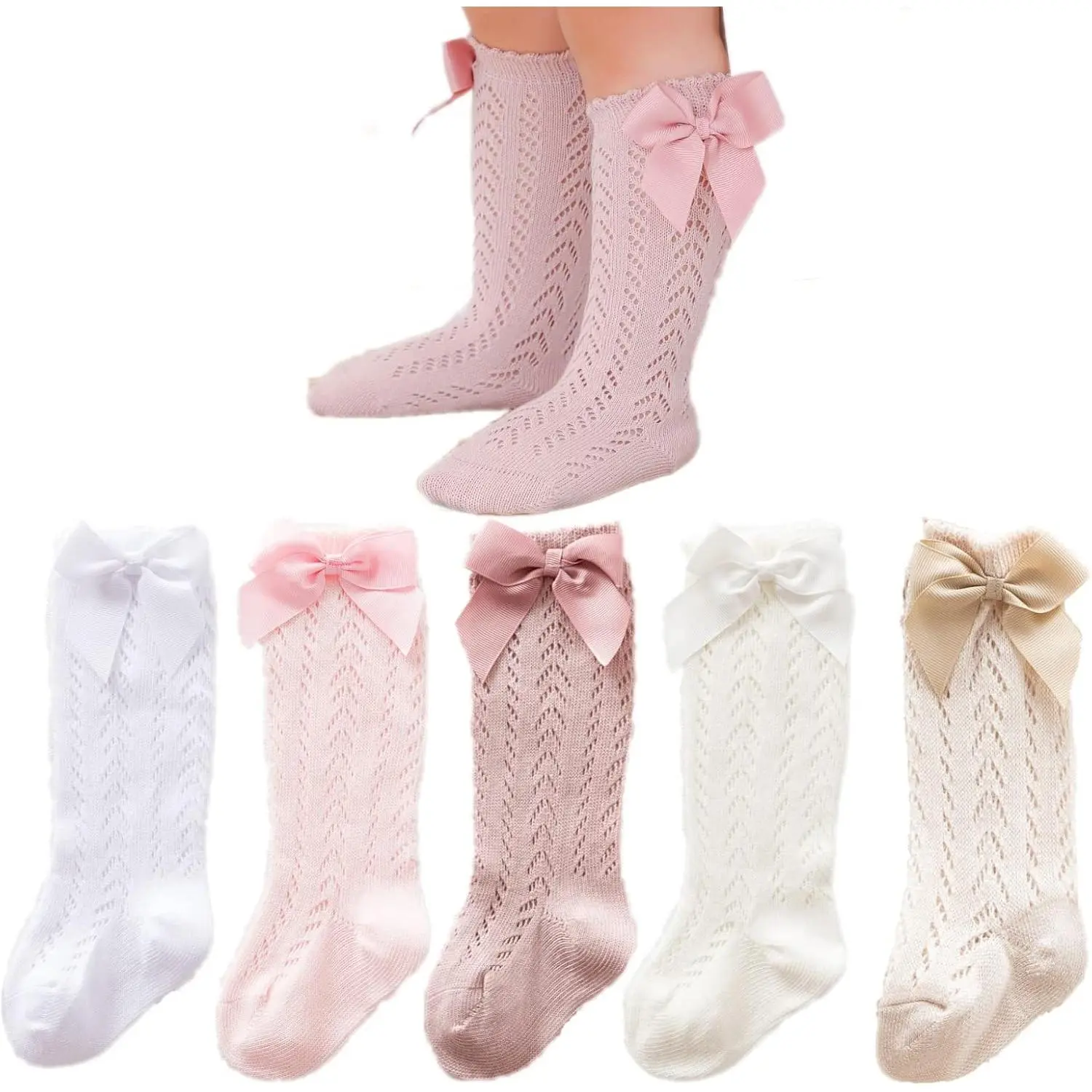 Baby Girls' Knee-High Bow Accents Breathable Mesh Stockings, Toddler-Infant Thin Socks for Spring-Summer, Prop 65 Safe Girls' Wear New Model, Mesh Fabric, 0-4 Years
