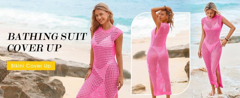 Saodimallsu Womens Crochet Swimsuit Coverup Summer Sleeveless Hollow Out Knit Crewneck Side Split Long Beach Dress