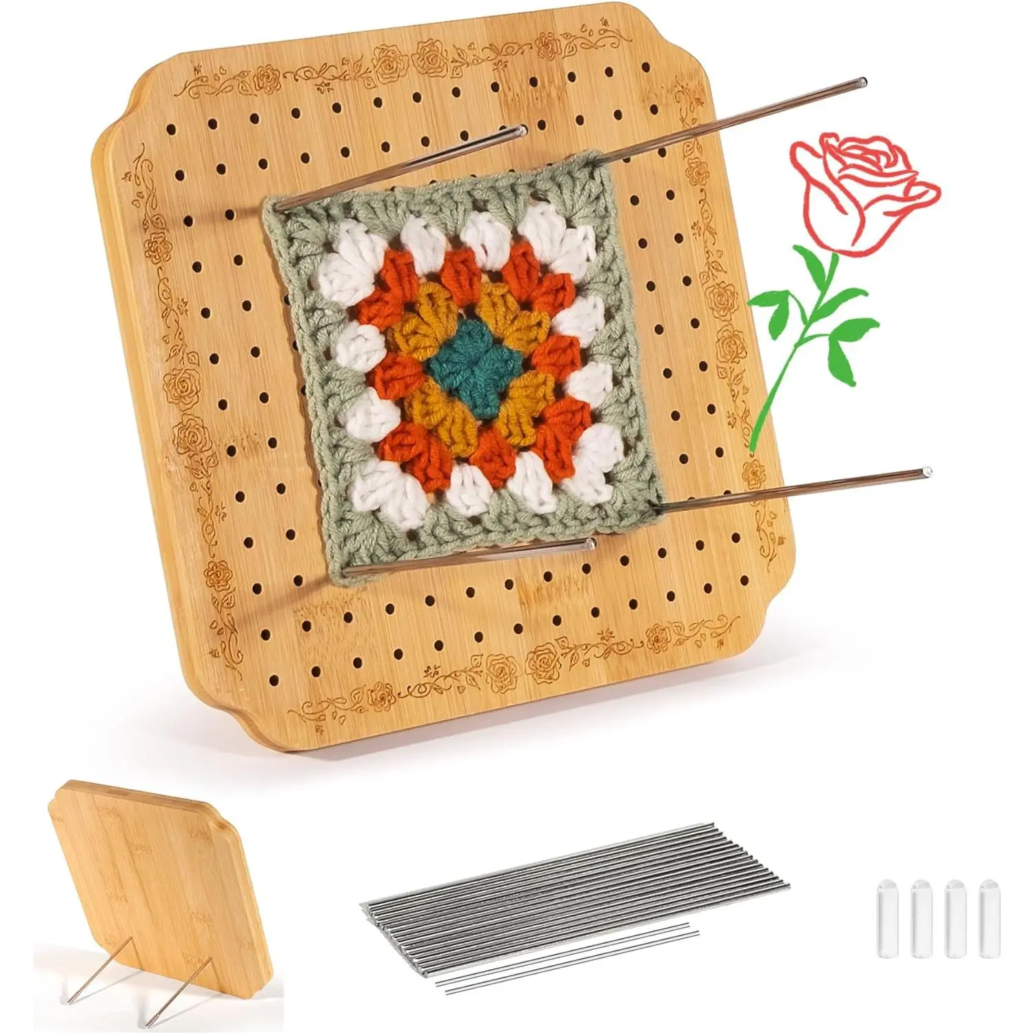7.6 in Blocking Boards for Crochet Projects with Rose , Crochet Blocking Board with Pegs, Granny Square Blocking Board with 20 Stainless Steel Pegs,