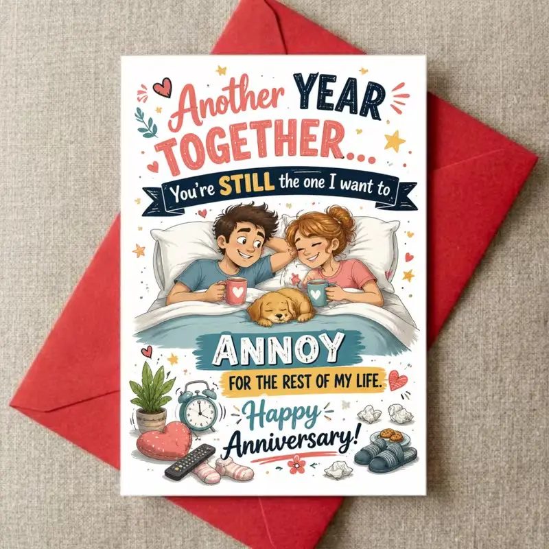 Funny Anniversary Card with Envelope, "Another Year Together You're Still The One I Want To Annoy" Romantic Humor Greeting Card, Cute Couple And Dog Home Life Design, Gift For Husband Wife