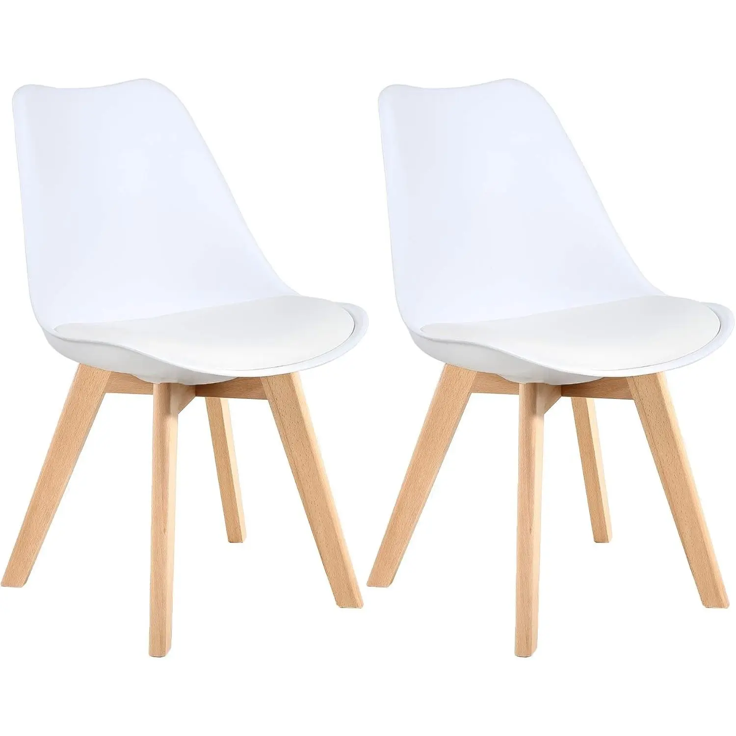 Mid Century Modern Dining Chairs,Shell Lounge Plastic Side Chair with Soft Padded and Wooden Legs for Dining Room Living Room Bedroom Kitchen Set of 2 (White)