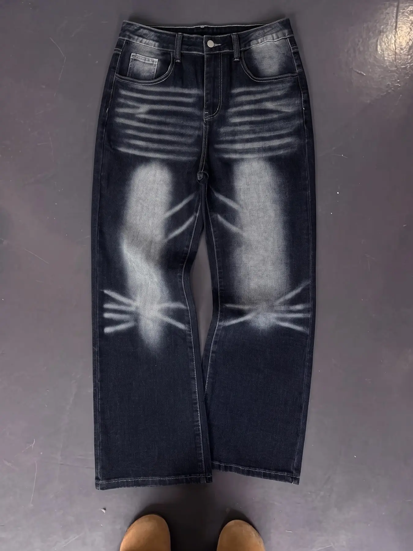 Vintage Blue Cat Hair Washed Micro Flare Jeans, Large Gradient Light Spot Distressed High Elastic Slim Fit Men's Bell Bottom Pants, All Season Wear