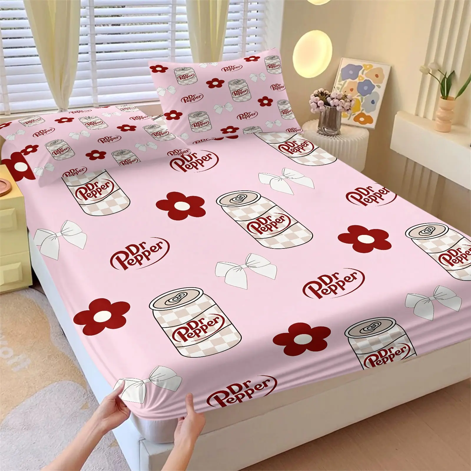 Dr Peper Coquette Canned Beverage Fitted Sheet Set & 2 Pillowcases, Cartoon Plaid Soda Can with Red Flower & White Bow Pattern, Soft Non-Slip Deep Pockets, Sweet Cool Y2K Style Fans Bedroom Dorm Decor, Comfy Bed Sets