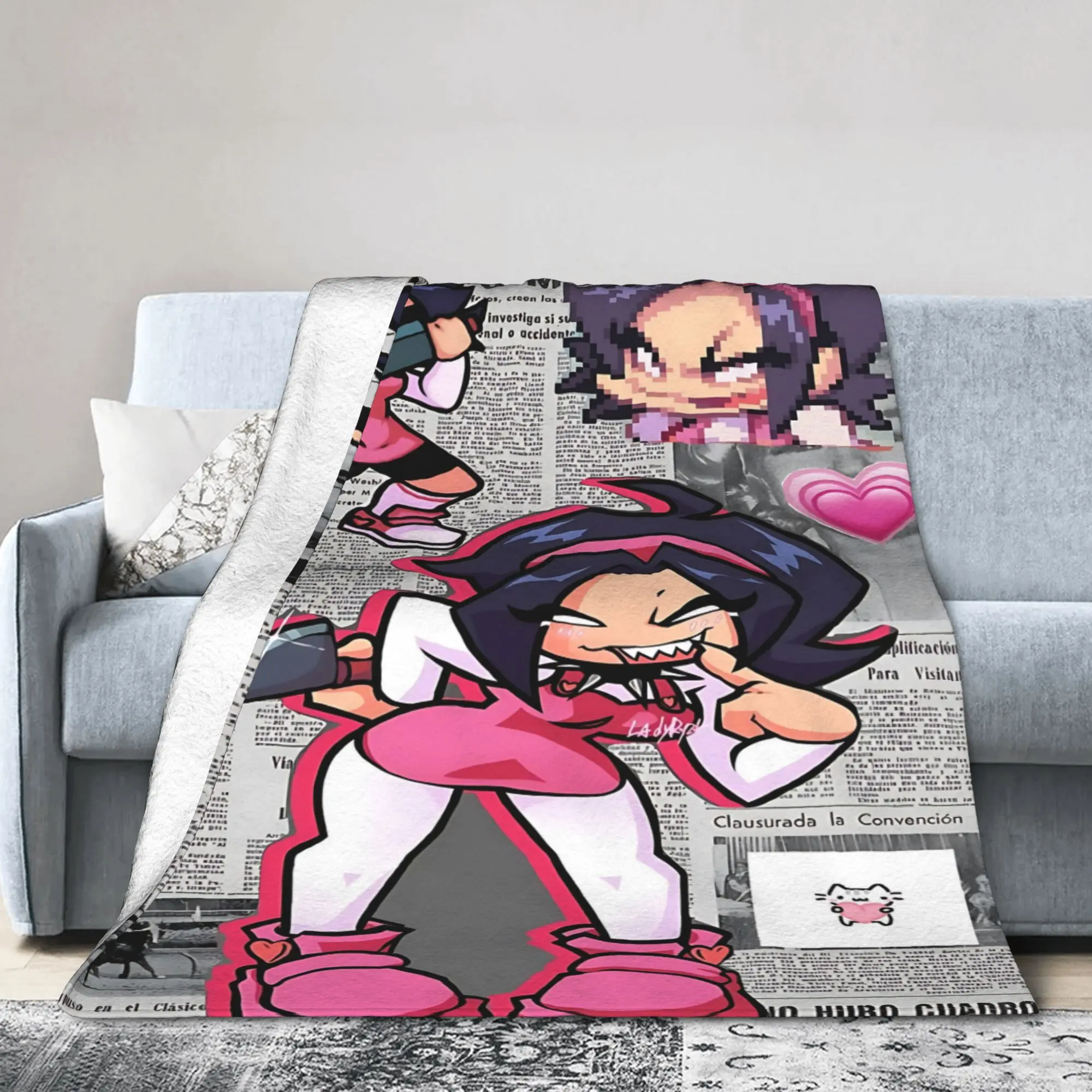 Cartoon Anime Girl Blanket Pink Costume Character Grid Flannel Throw Blanket Gray Newspaper Texture Home Decor Blanket
