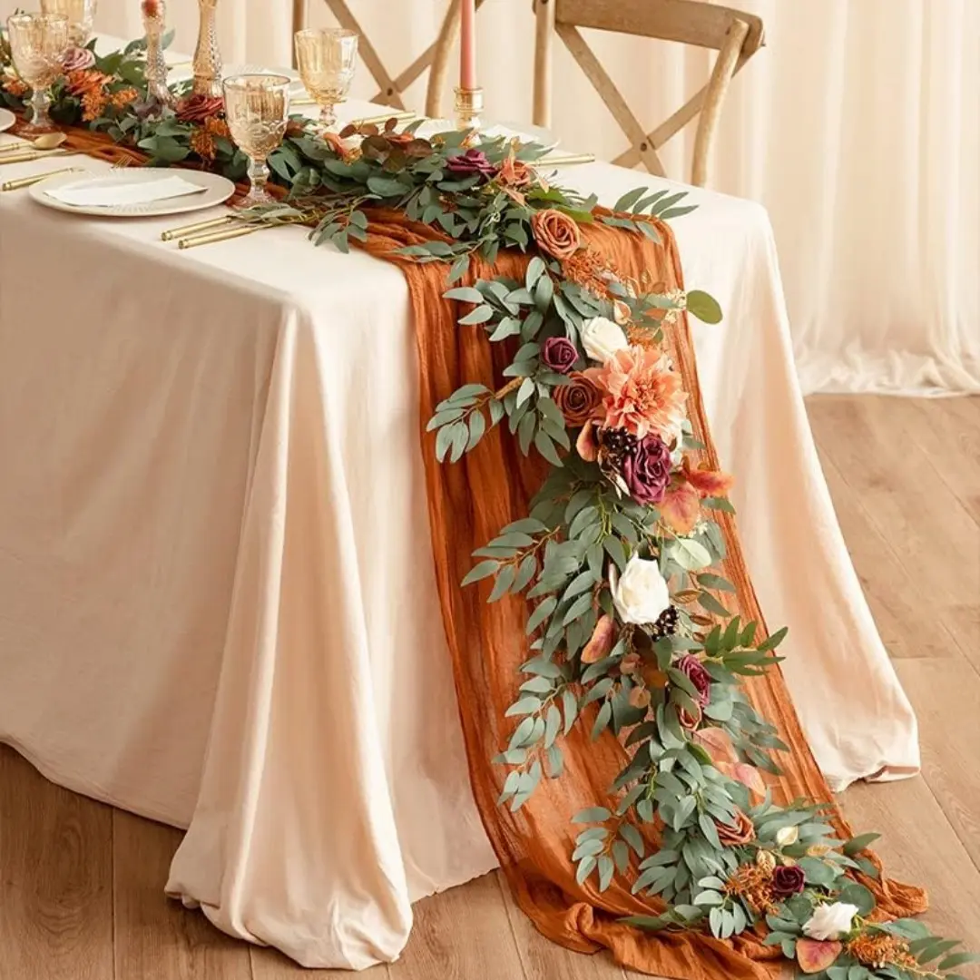 6ft Handcrafted Eucalyptus & Willow Leaf Garland with Vibrant Fall Colors - Elegant Wedding Table Centerpiece for Sweetheart Table, Champagne & Peach, Perfect for Seasonal Celebrations & Special Occasions, Wedding Table Decorations