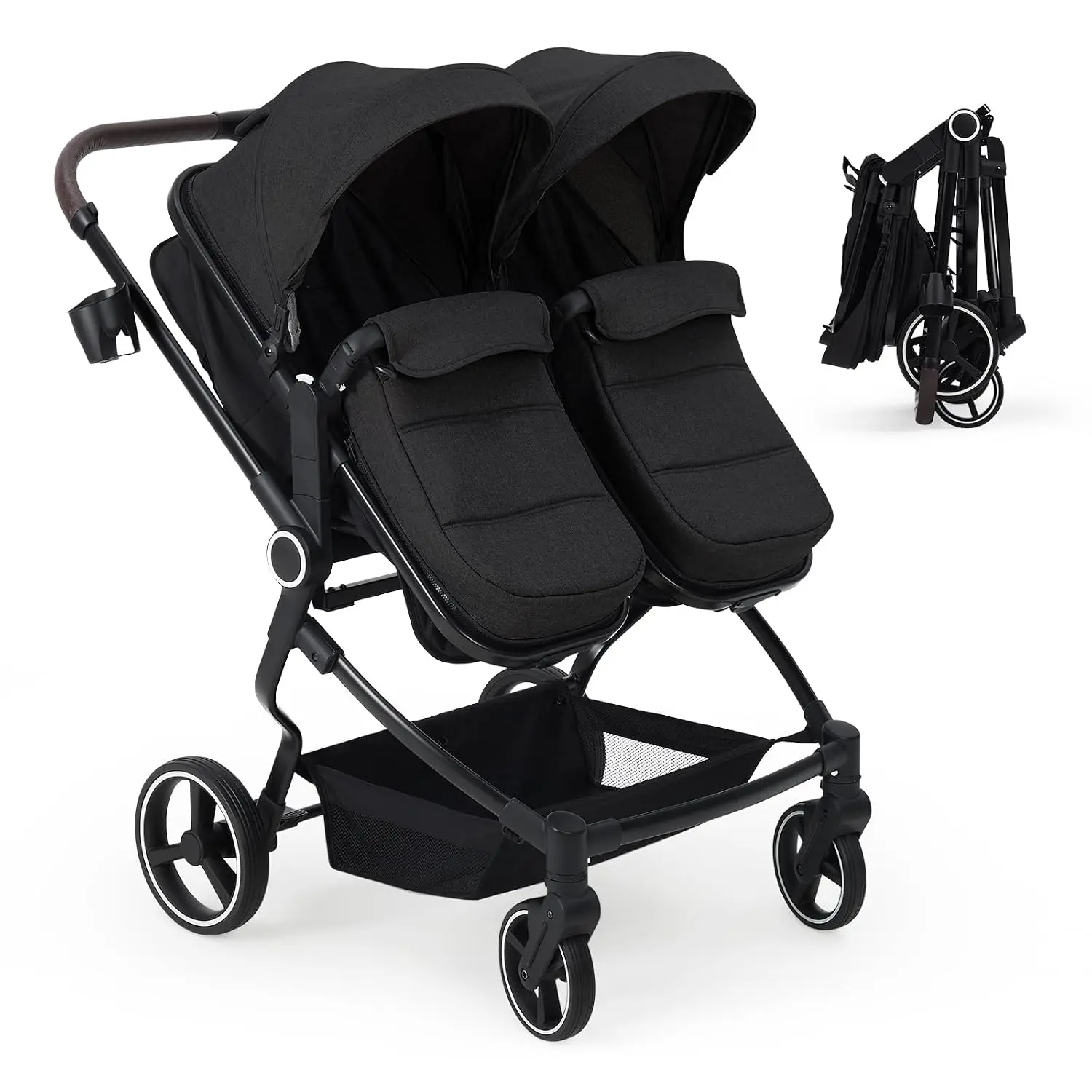 Side by Side Double Stroller for Newborn and Toddler, Lightweight Foldable Twin Stroller with Reversible Seats, Adjustable Canopy & Basket