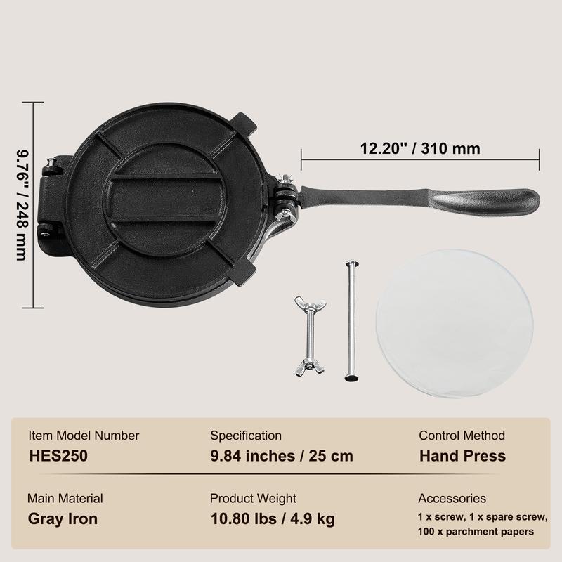 Tortilla Press, 10 Inch Tortilla and Roti Maker, Cast Iron Heavy Duty Tortilladora Press, Pre-Seasoned Pataconera Maker with 100 Pcs Parchment Paper, Dough Maker for Flour Tortilla, Tawa, Silver