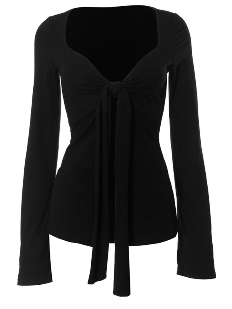 Women's Solid Knot Front Split Hem Tee, Casual Long Sleeve Sweetheart Neck T-Shirt for Fall, Women's Clothing for Daily Wear