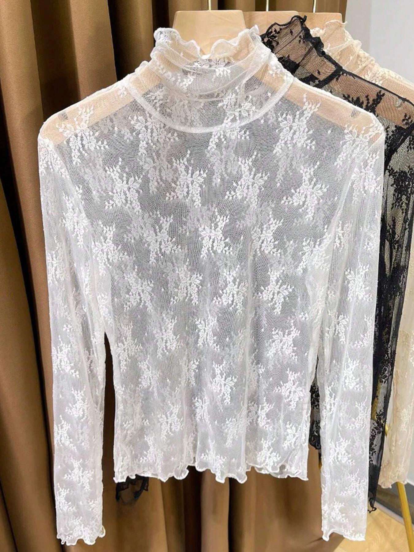 Women's Lightweight High Neck Lace Long Sleeve Ruffle Base Layer Top, Elegant Summer Fashion, Comfortable and Stylish Women's Clothing