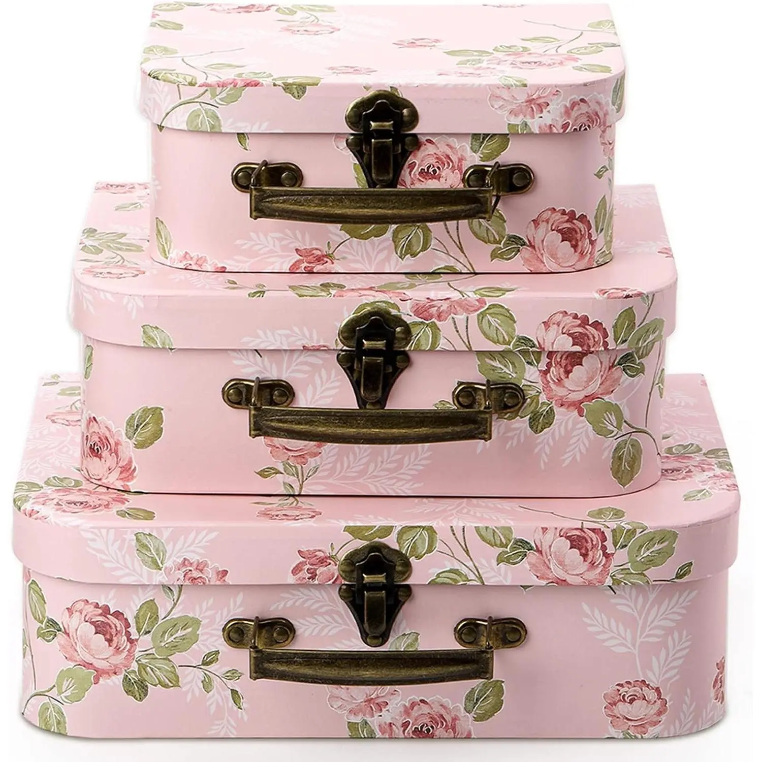 3 Pack Paperboard Suitcase Storage Boxes with Lids - Decorative Gift Boxes for Photo Storage, Home Decoration, Wedding, Birthday, Anniversary, PinkGift
