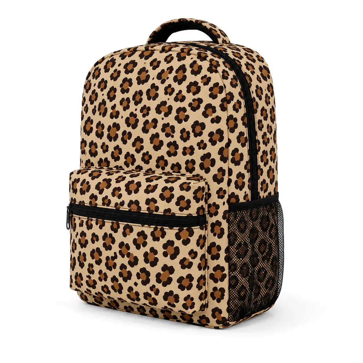 Leopard Print Backpack, Tan Animal Pattern School Bookbag with Front Zipper Pocket and Side Mesh Pocket, Lightweight Large Capacity Travel Daypack for Women and Girls