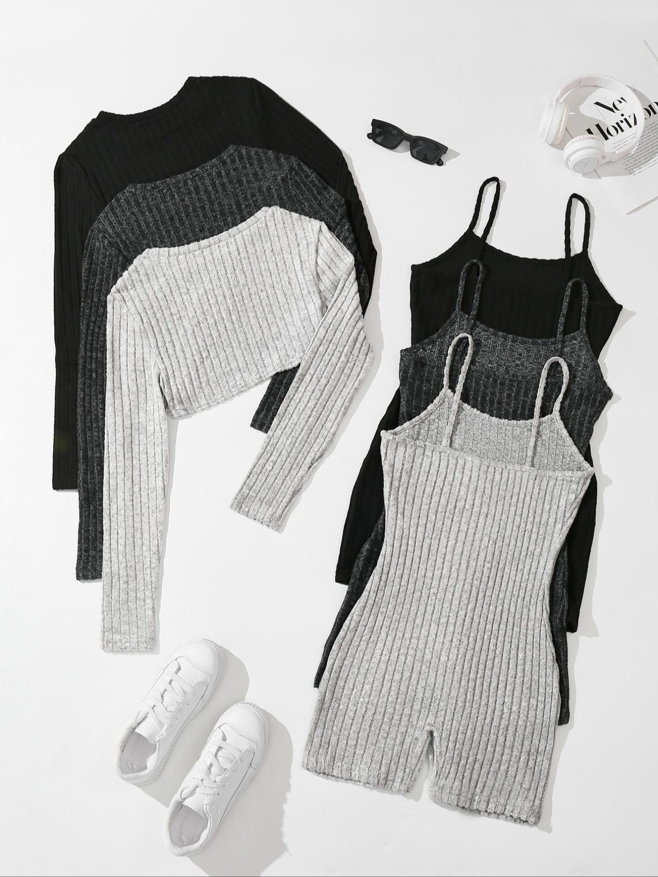 Women's Solid Ribbed Crop Top & Romper Set, Casual Basic Fashion Minimalist Cozy Top & Romper for Daily Outdoor Wear, Ladies Clothes for All Seasons, Fitted