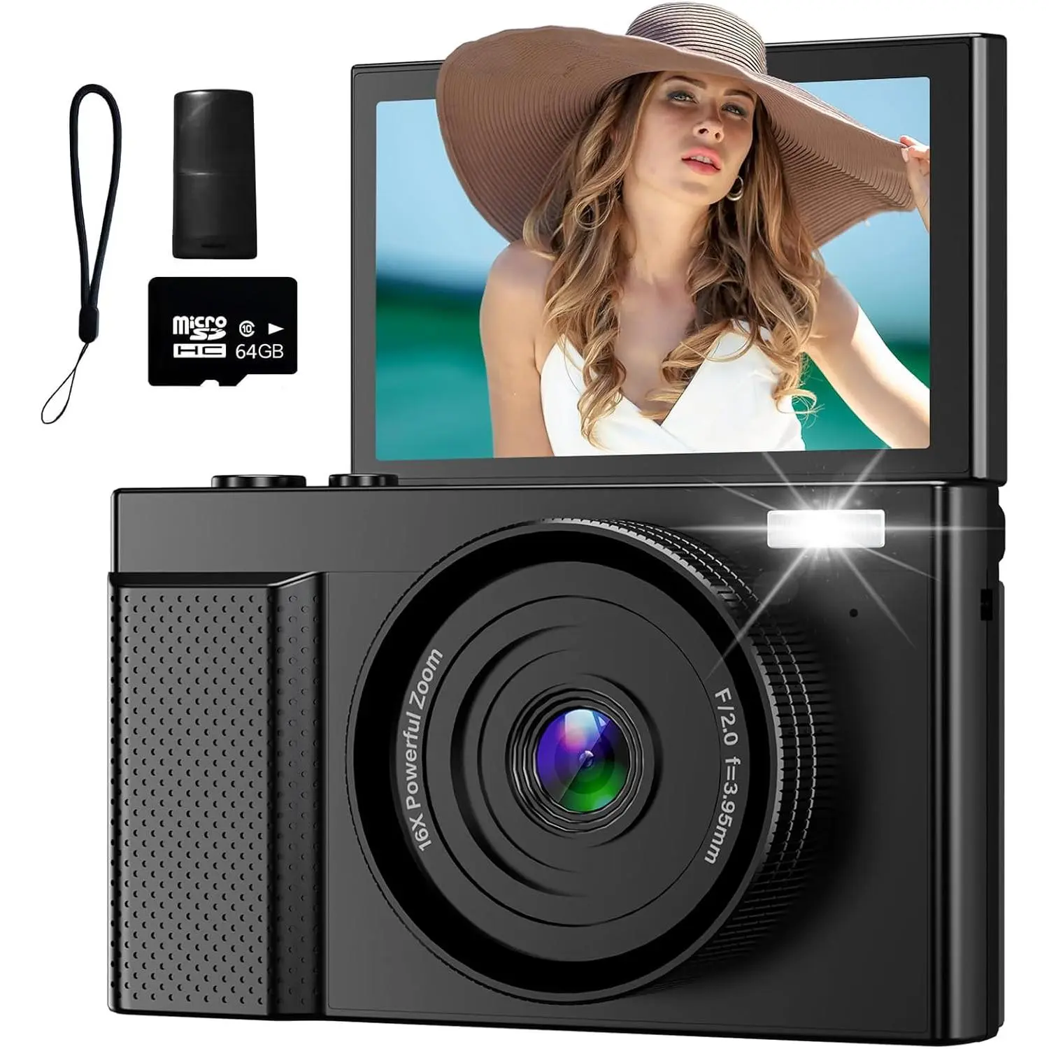 4K Digital Camera for Photography, 64MP Vlogging Video Camera for YouTube with 3'' 180°Flip Screen, 64GB  SD Card, 16x Digital Zoom Point Shoot Compact Travel  Cameras (Black)