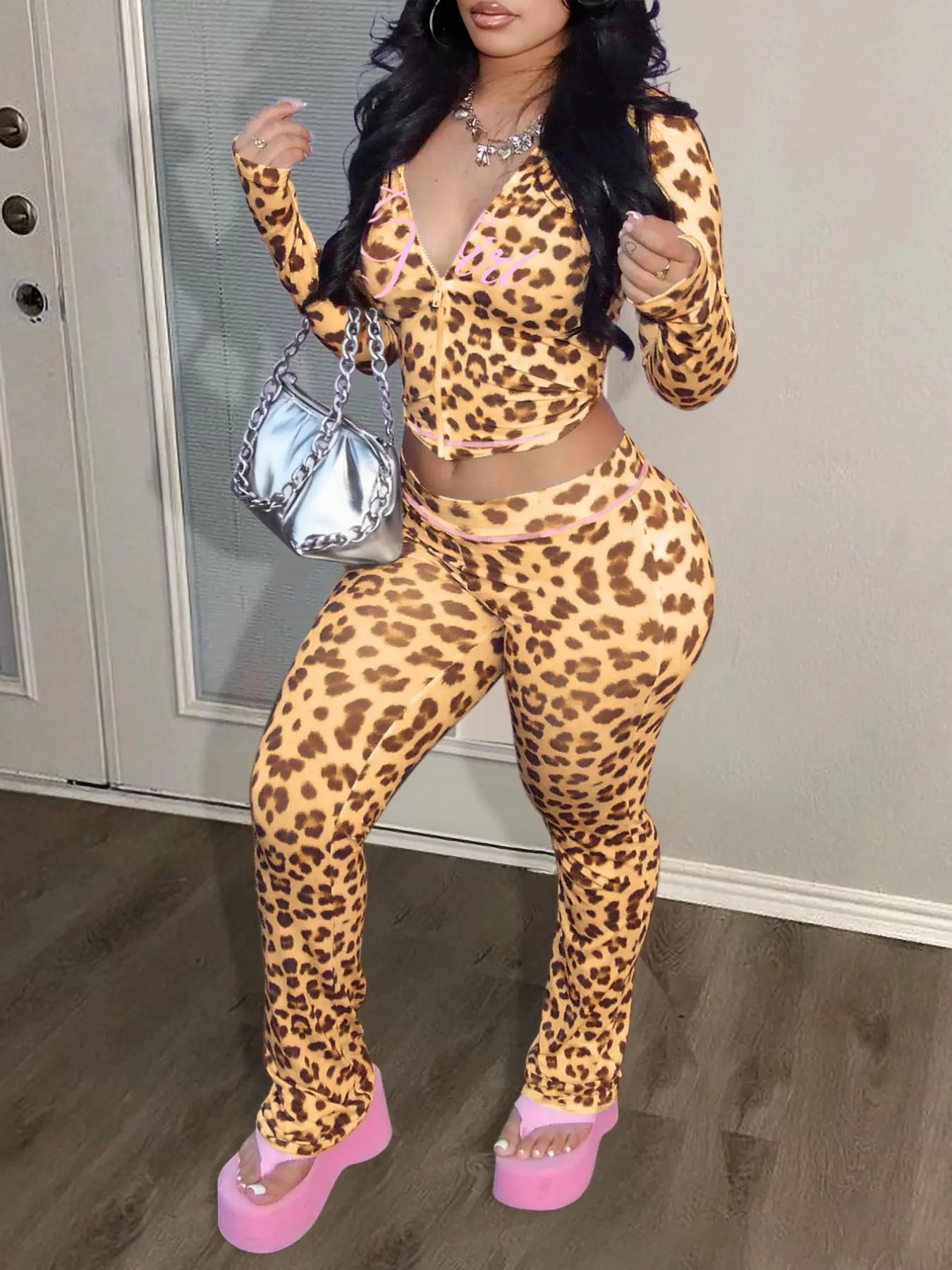 Lw Home Fashion Casual Girl Print Set, Leopard Print Zipper Top and Pants, Perfect for Home Wear, Slim Fit, Versatile and Comfortable