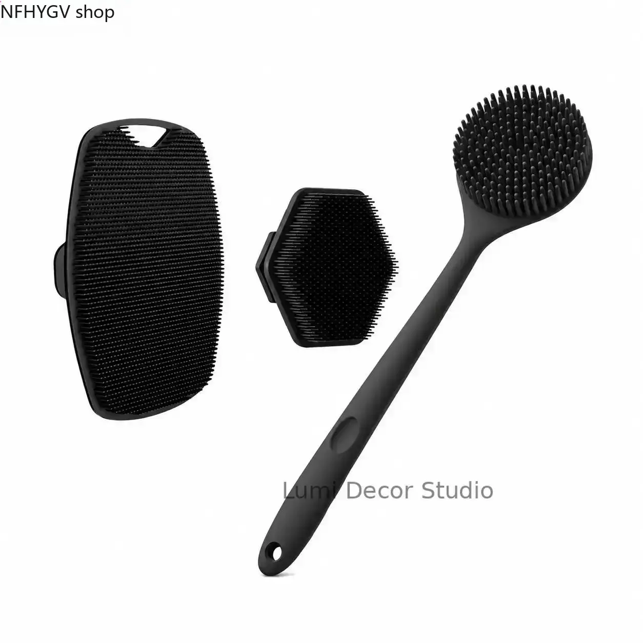 3 Piece Silicone Bath Brush Set, Long Handle Back Scrubber With Face Cleansing Brush & Scalp Massage Brush, Exfoliating Shower Tool Accessory For Men Women Daily Bath Shower Routine Deep Skin Cleansing Care Use