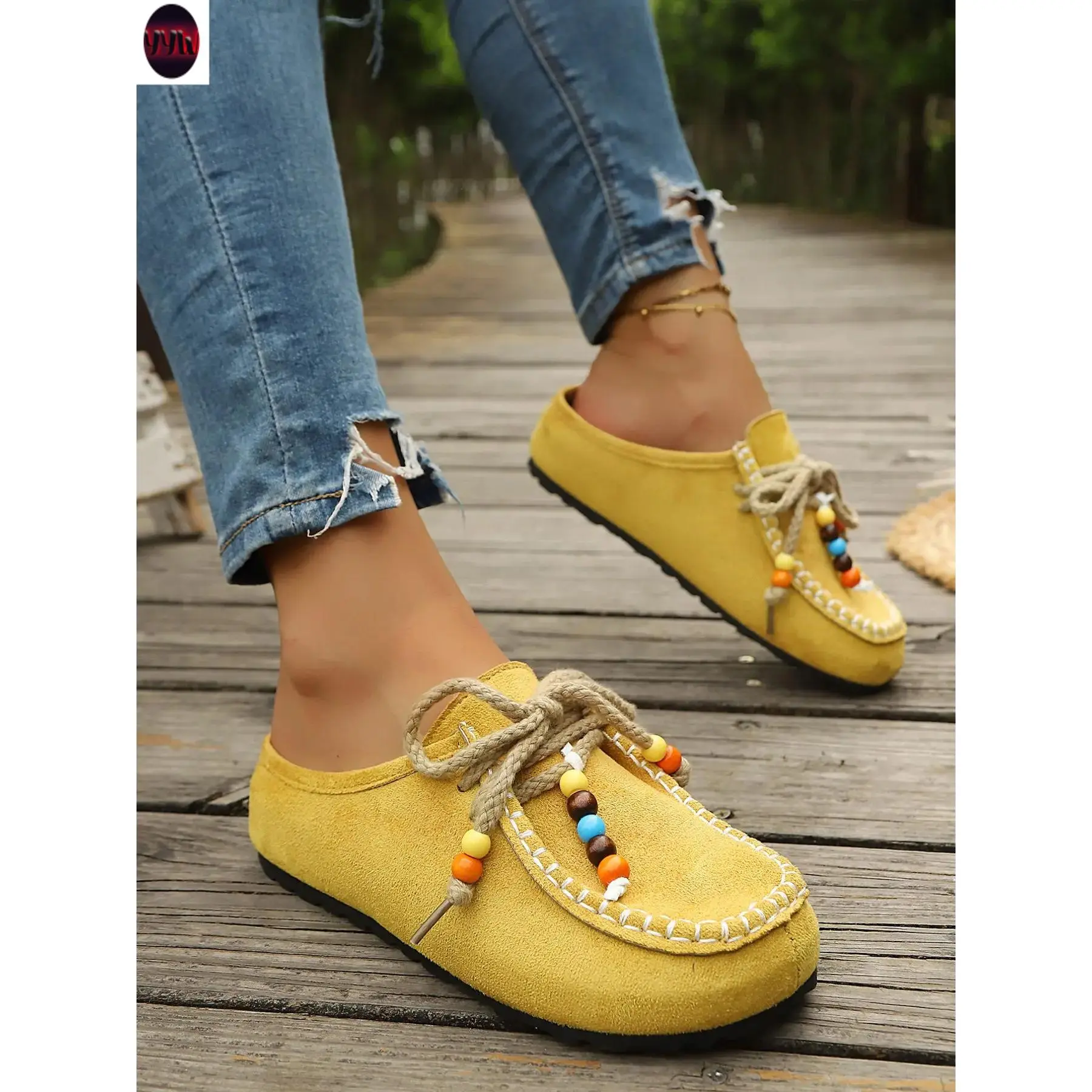 YYW1 Bohemian Beaded Strap Mule-On Women's Shoes, Vintage Ethnic Style, Vintage Aesthetic, Textile Upper, Rubber Sole, All Seasons, Daily Wear, Walking Shoes, Footwear, Breathable Mules