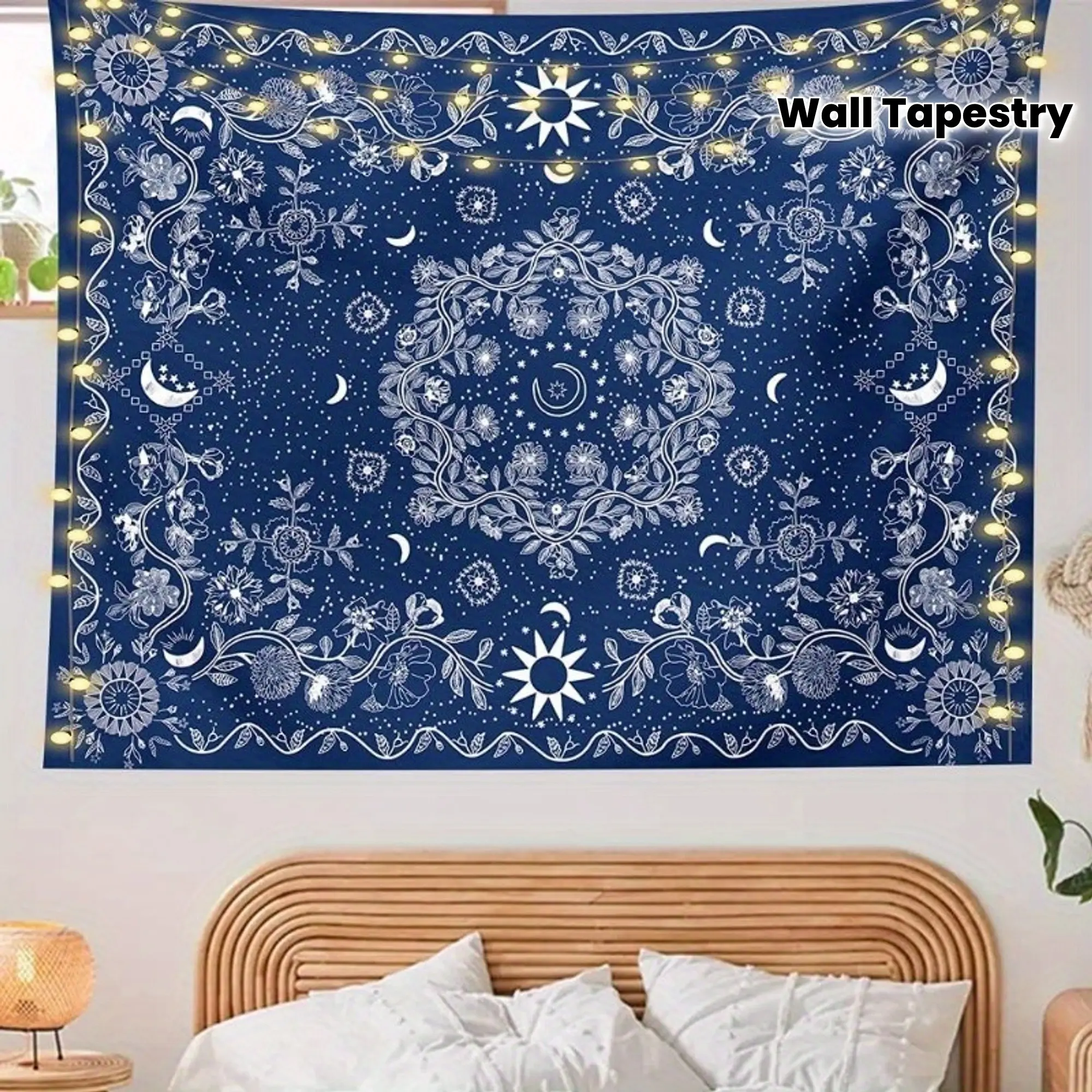 1pc Bohemian Style Floral Vine Tapestry, Celestial Sun Moon and Stars Tapestry, Hippie Home Decor, Bohemian Tapestry for Bedroom Aesthetics, Includes Free Installation Kit
