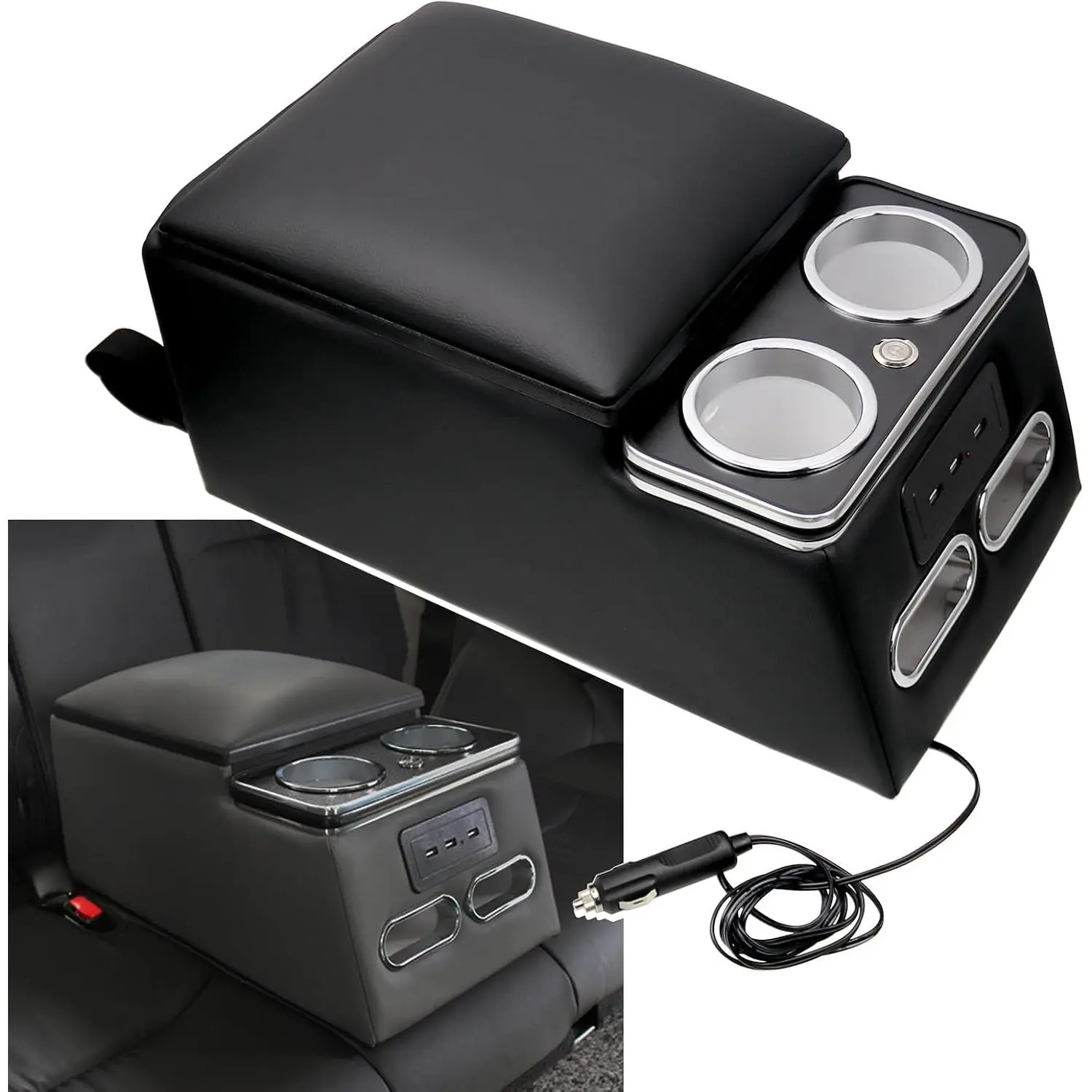 Center Console Armrest Organizer with LED Light, USB Port, Cup Holders, Armrest, Padded Top Lid - Ideal for Business Upgrade Center Console Organizerand