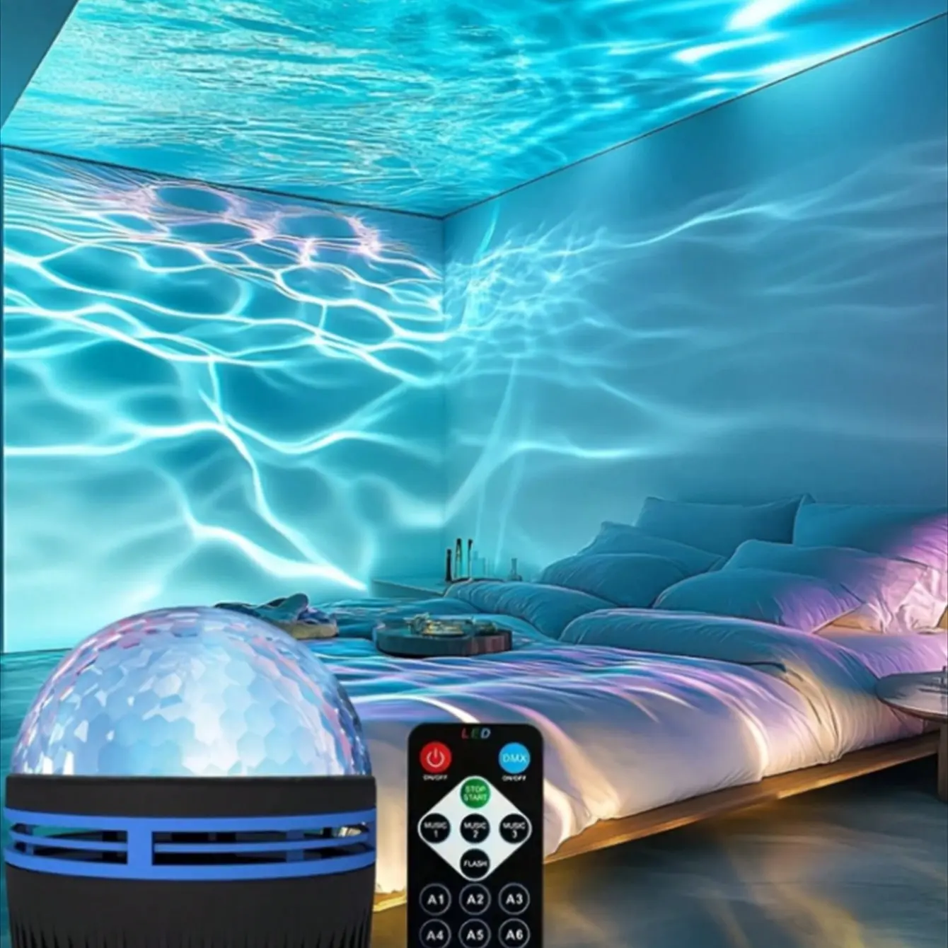 Water Ripple Projection Lamp, USB LED Night Light, 16 Dynamic Colors, Remote Control, Waterproof Ambient Light, Modern Home Decor, Halloween Christmas Gift