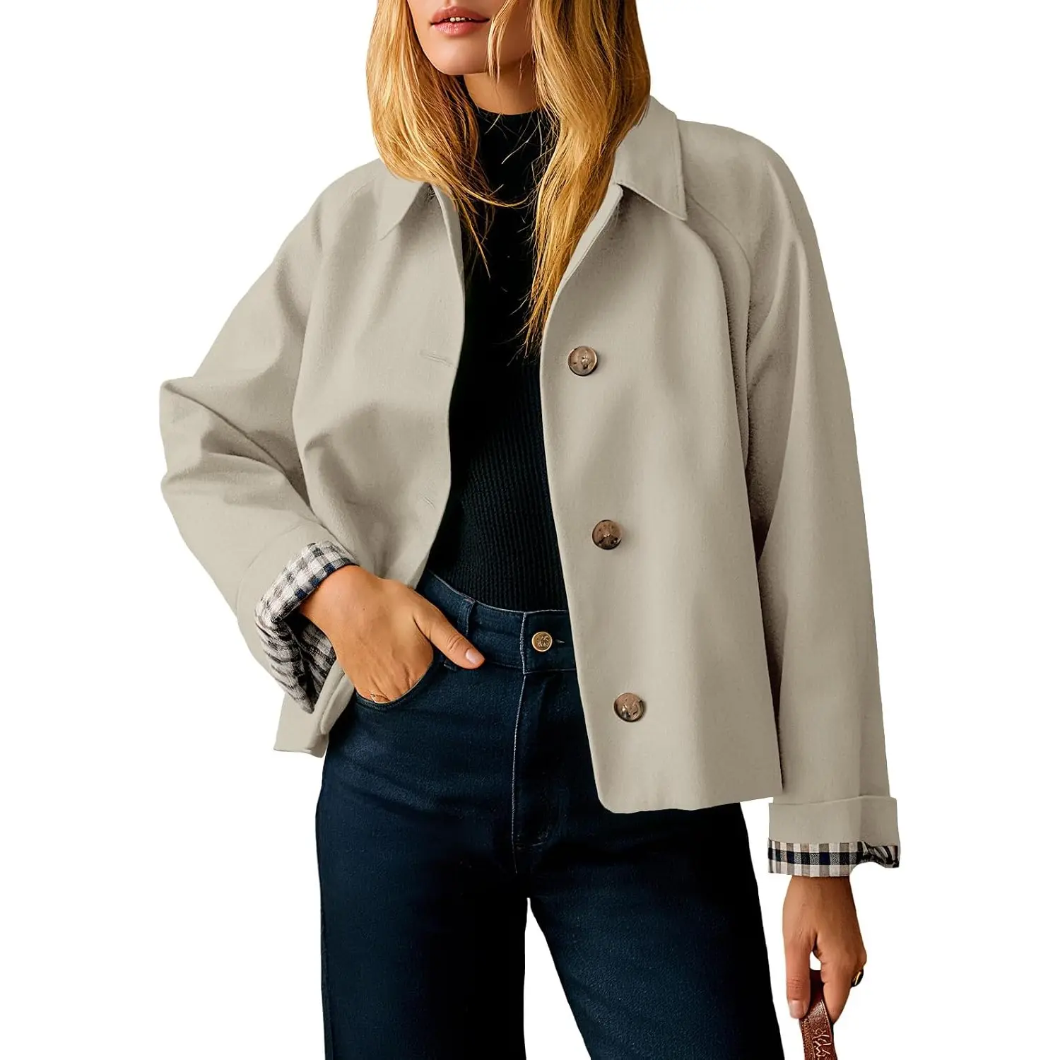 Tankaneo Womens Cropped Trench Coat Lightweight Single Breasted Jacket Fall Windbreaker Fashion Outerwear