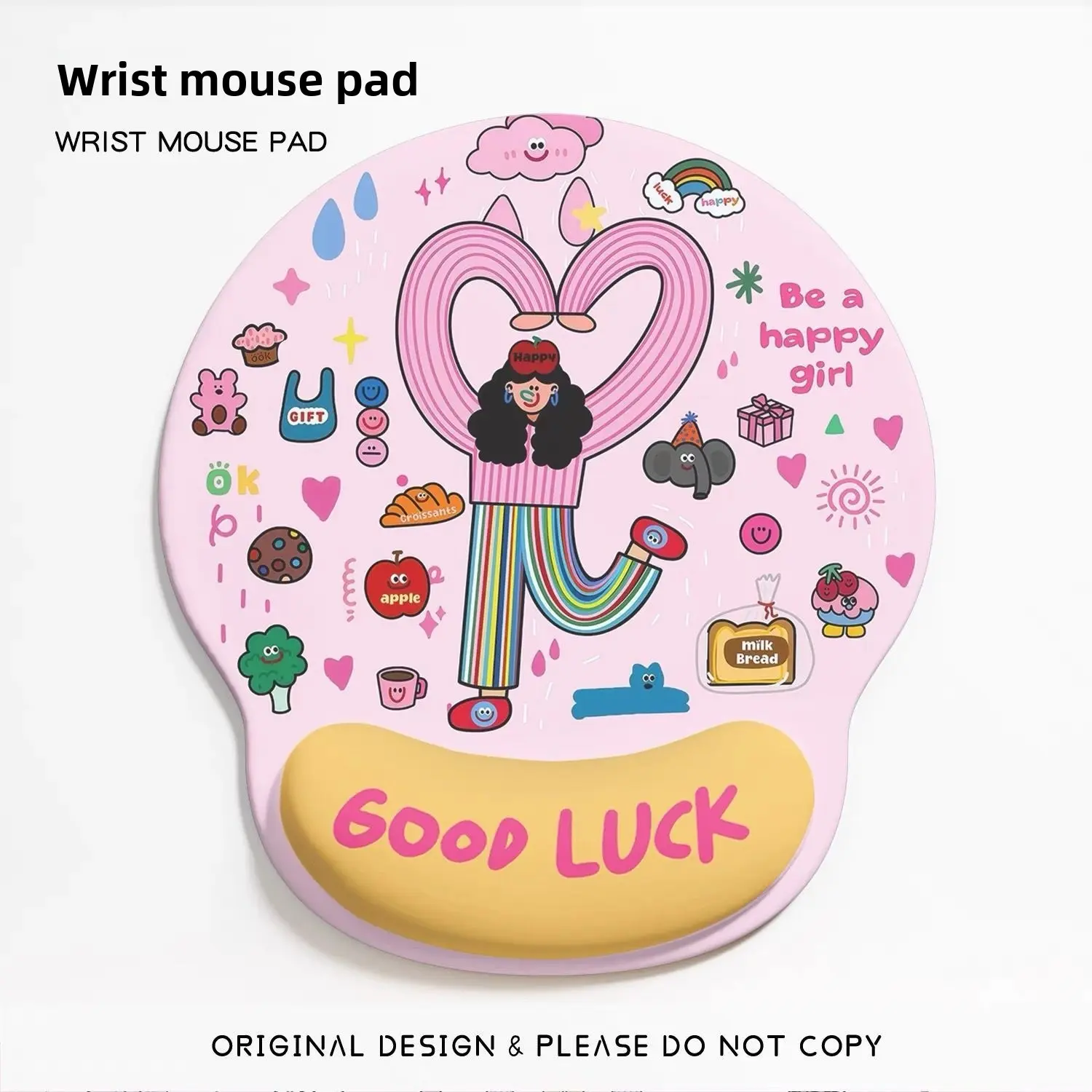 Ergonomic Mouse Pad with Wrist Rest, Kawaii Pink Cartoon Good Luck ABS Mat, Desk Accessory for Laptop PC Gaming, Home Office, Gift for Women