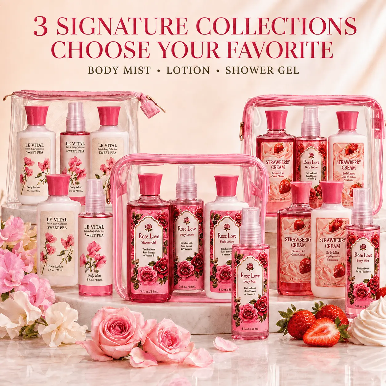 3 Scent Options Women's Fragrance Skincare Set, 3pcs Bath & Body Care Gift Set with Body Mist, Lotion & Shower Gel, 2.98oz Each, Floral Fruity Sweet Scent for Daily Shower, Travel & Gift Giving