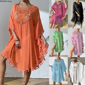 Women's Boho Crochet Neck Tassel Trim Kaftan Dress, Loose Batwing Half-Sleeve Crinkled Fabric Sheer Beach Tunic with Irregular Hem, Ideal for Bikini Layering & Tropical Vacation Poolside Outfit