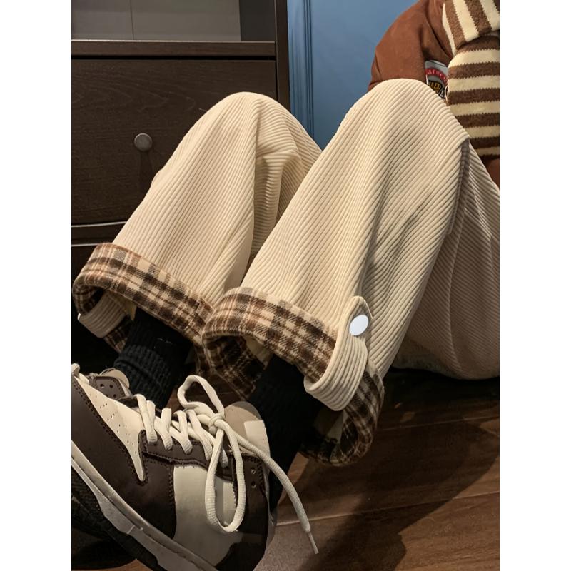 Fashion men's wear: Men's Casual Corduroy-Textured Wide-Leg Pants with Plaid Contrast Cuffs - Beige & Brown All-Season Straight-Leg Trousers, Machine Washable for Casual Attire