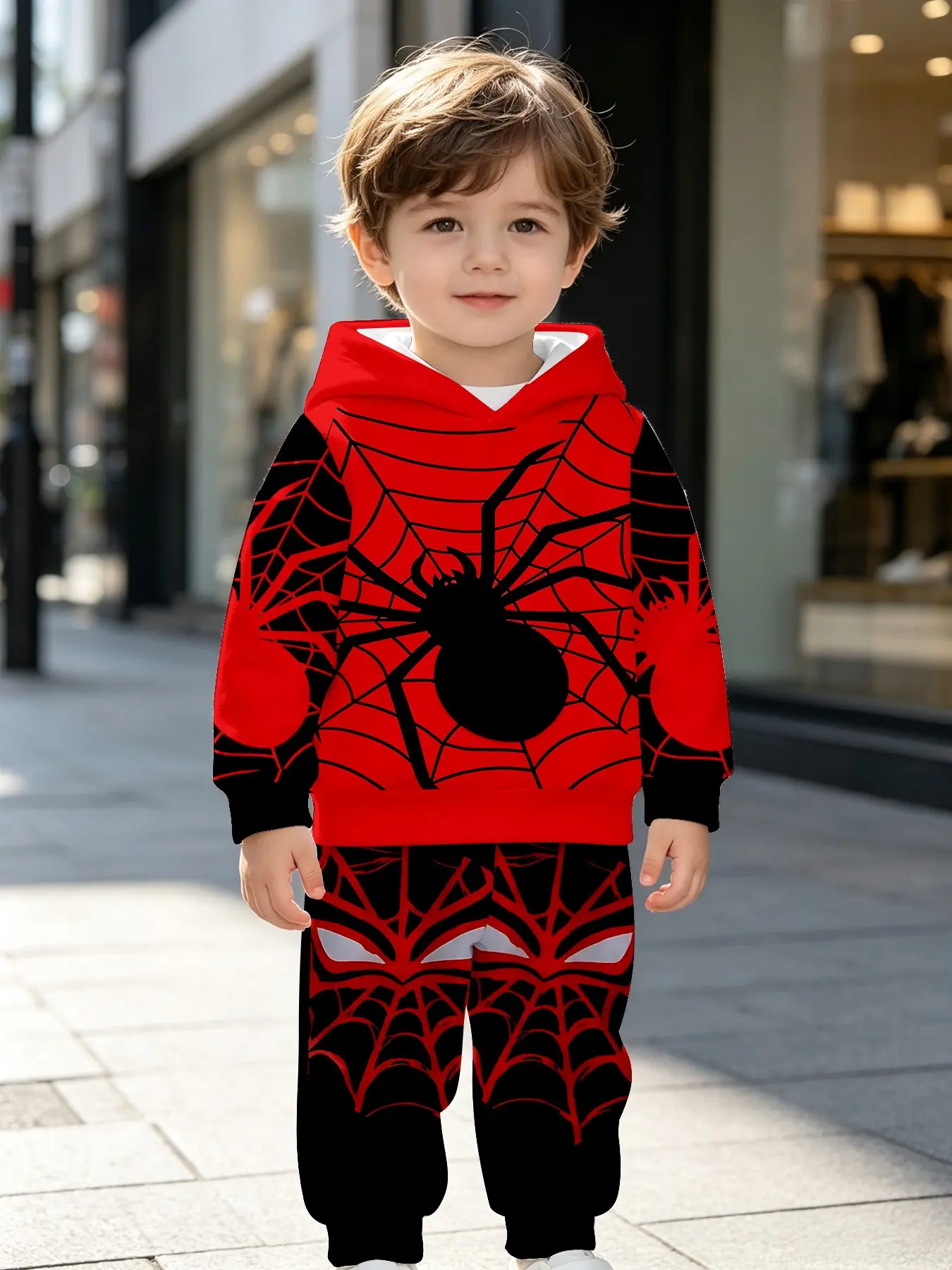 Boys' Spider Web Cartoon Print Hoodie and Pants Set, Fall & Winter Fitted Suit, Outdoor Wear, Graphic Print Set, Perfect Birthday Gift for Ages 1-14