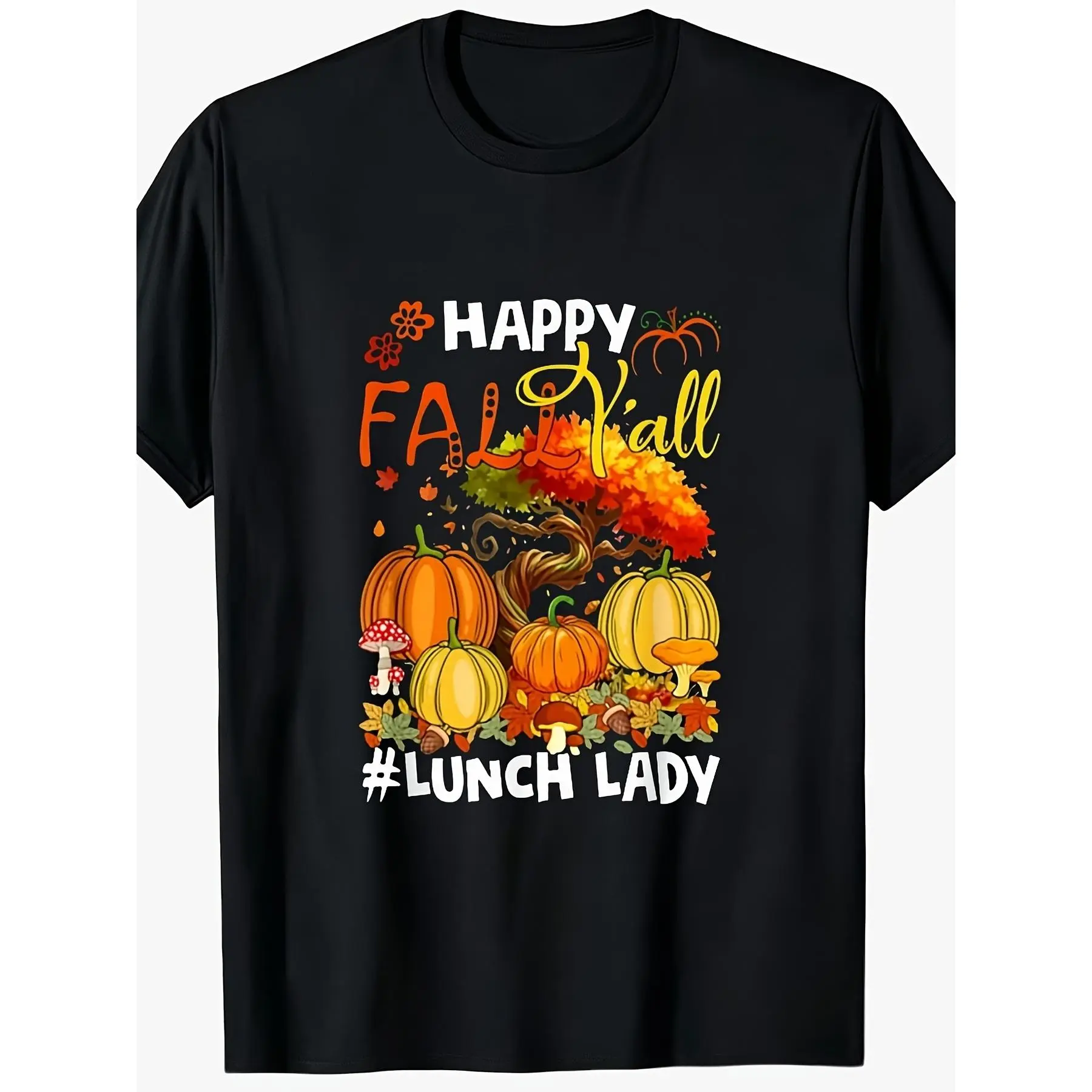 Men'S Funny Fall Y'All Thanksgiving Lunch Lady T-Shirt Retro Pumpkin Autumn Leaves Print with#Lunchlady Hashtag Black Crew Neck Casual Gift Shirt for Cafeteria Staff Halloween Holiday Evplus Size Retro Casual Round Neck Printed T-Shirt Unisex