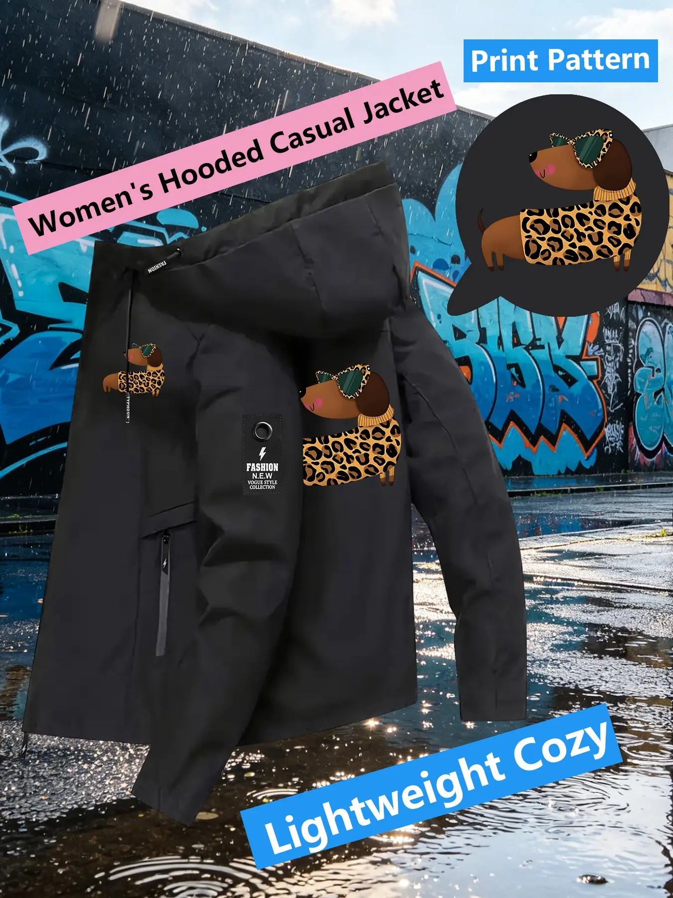Women's Hooded Windbreaker Jacket Double sided Leopard Dachshund Sunglasses Cartoon Print Jacket Two Color Options Hooded Loose All Season Warm Jacket Ideal for Daily Commute Hiking Climbing Wear Skin Friendly Breathable Machine Washable Plussize