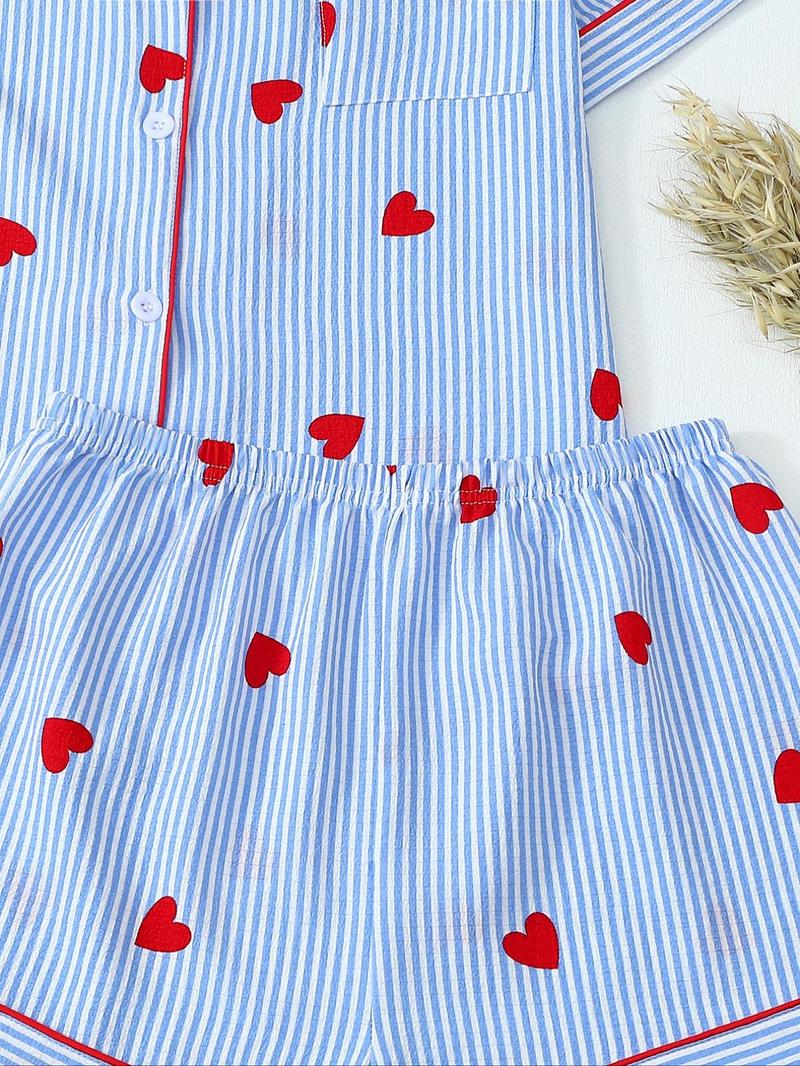 Valentine's Day Spring Summer Romantic Blue Striped Heart Elegant Short Sleeve Shorts Pajama Set for Women, Cute Fitted Homewear