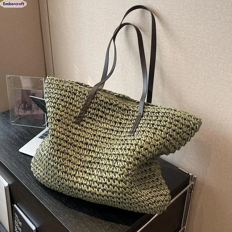 Women's Boho Woven Straw Shoulder Tote Bag - Funky, Peppy, Baroque Design, Adjustable Strap, Lightweight Open Top, Romantic Anniversary Gift for Summer Beach Vacation Crossbody Purse, Ethnic, Coastal, Daily, Cute, Casual Outings, Pvc