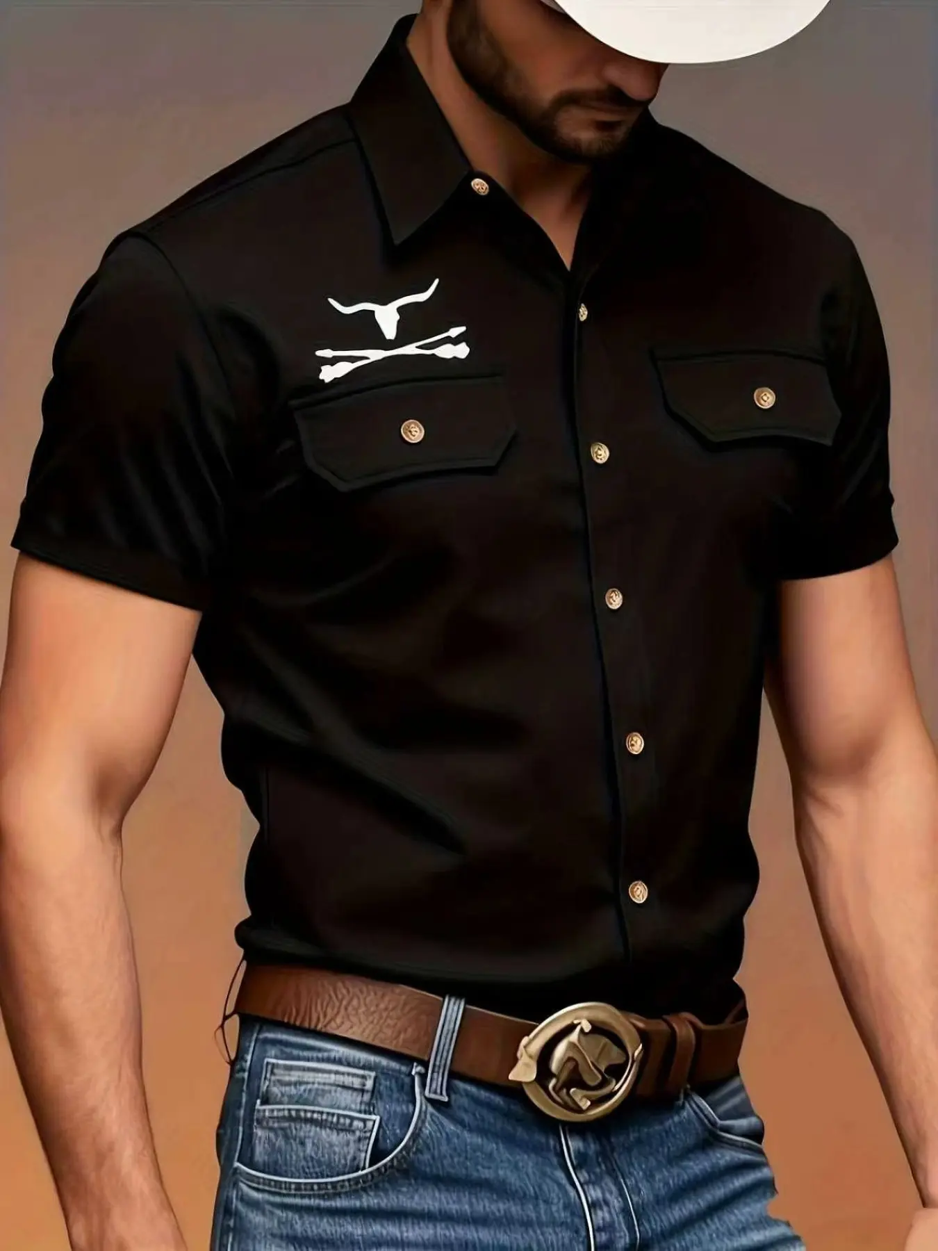 Viral TikTok Men's Summer Retro/Vintage Western Style Short Sleeve Shirt, Bull Pattern Print Dual Pocket Design, Casual Outdoor Travel Button Up Top, Menswear