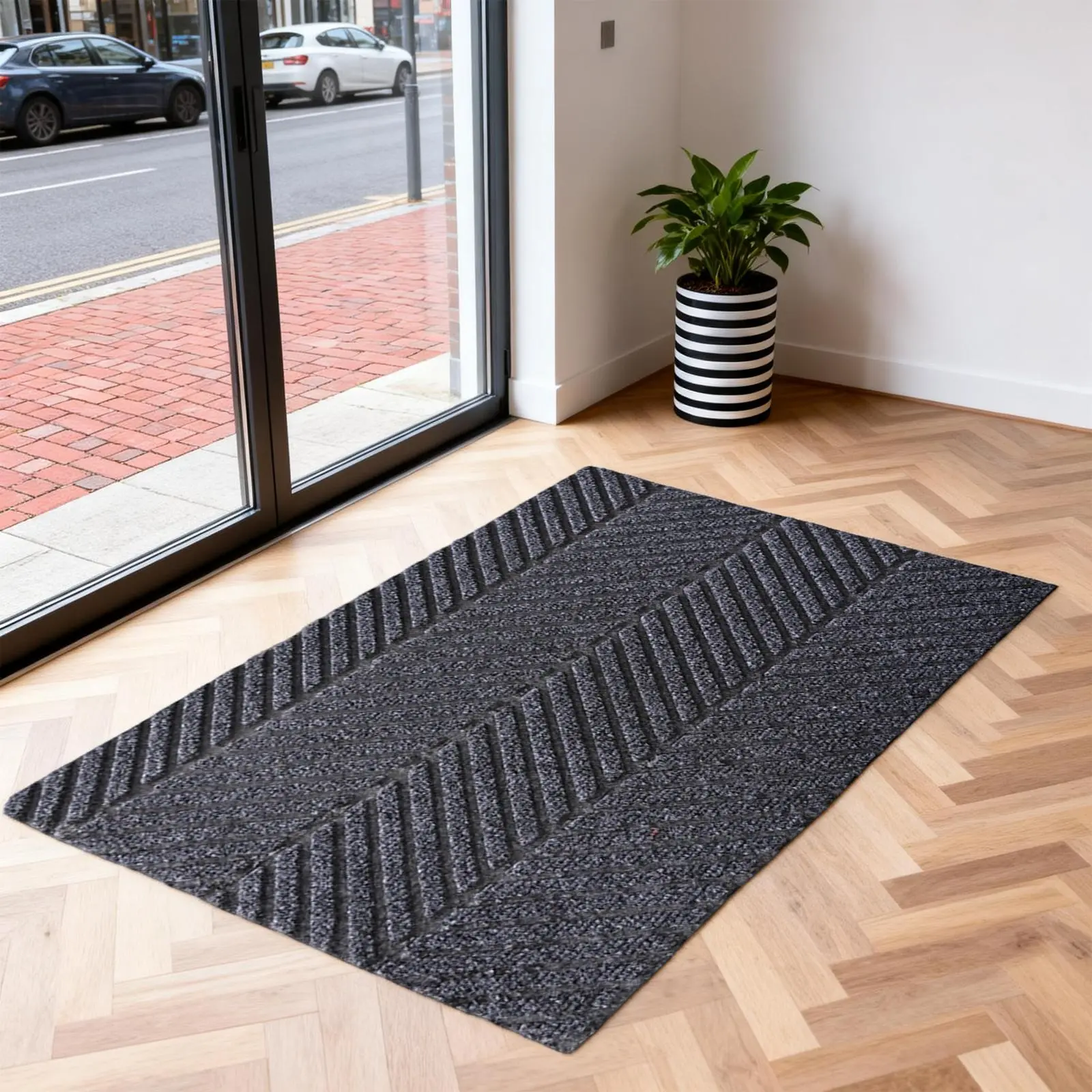 Front Door Mat 2x3 ft, Heavy Duty Indoor Outdoor Entrance Doormat, Waterproof Low-Profile Welcome Rug with Non-Slip Rubber Base, All-Weather Commercial Floor Mat for Patio, Porch & Muddy Shoes, Easy to Clean Entryway Rug, Gray Stripe