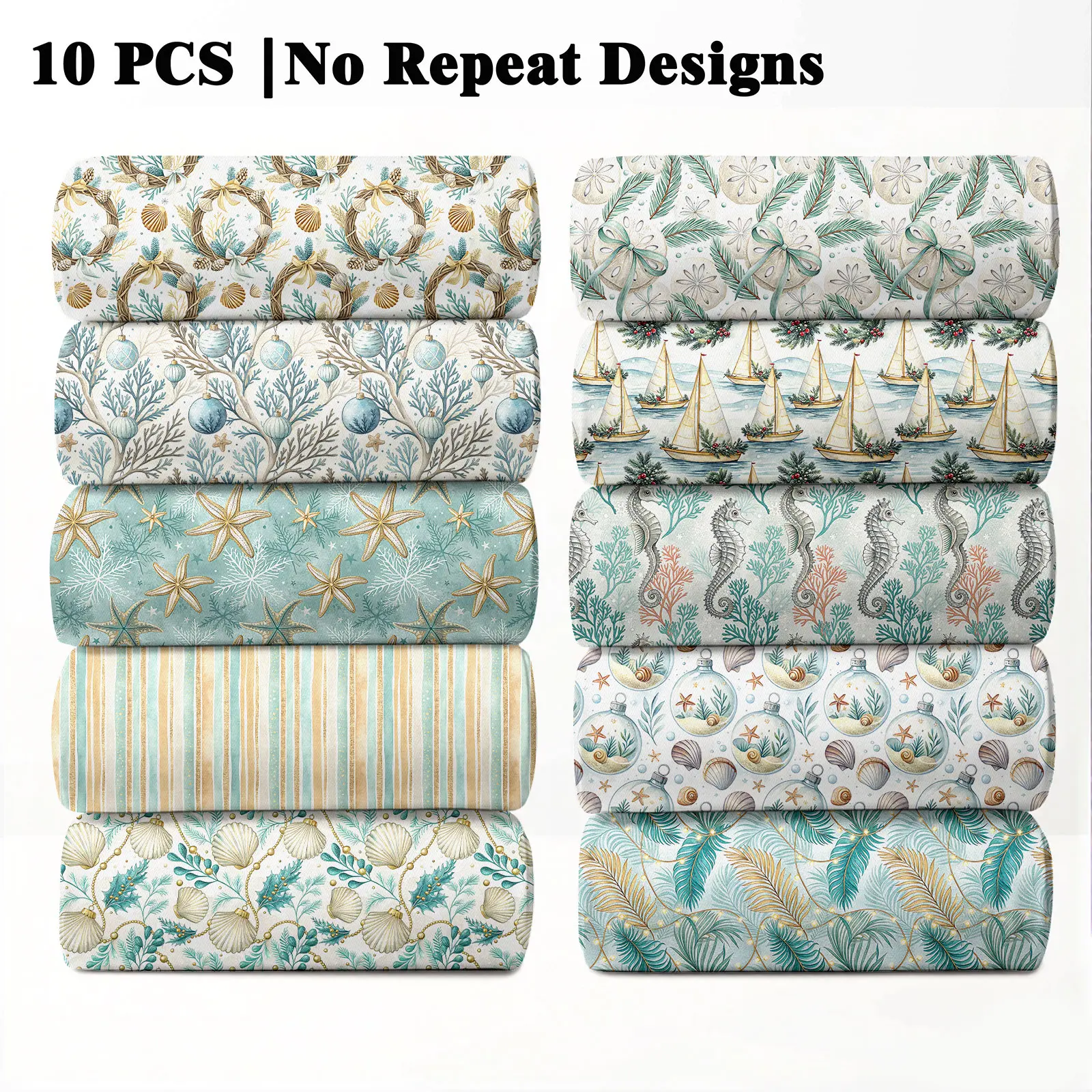 10PCS Coastal Christmas Print Fabric Bundles, 23x55cm (9x22in) Seaside Holiday Style Pattern Quilting Home Decor DIY