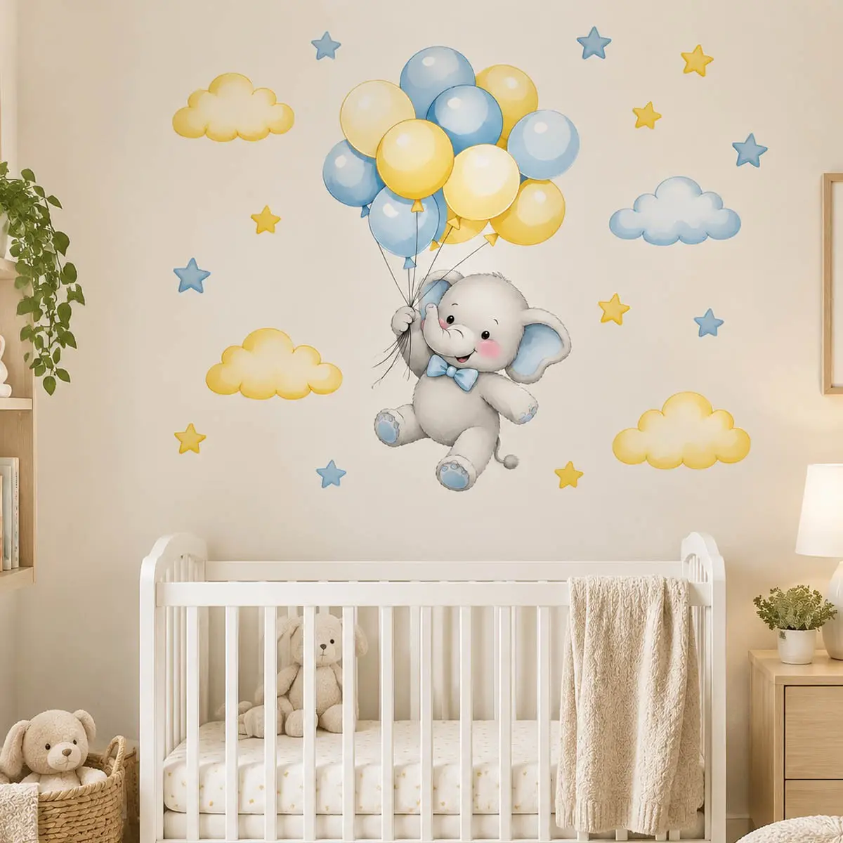 Elephant Nursery Wall Decals, Cute Balloon Cloud Star Rainbow Stickers, Peel and Stick Decor for Baby Room, Playroom, Closet Door