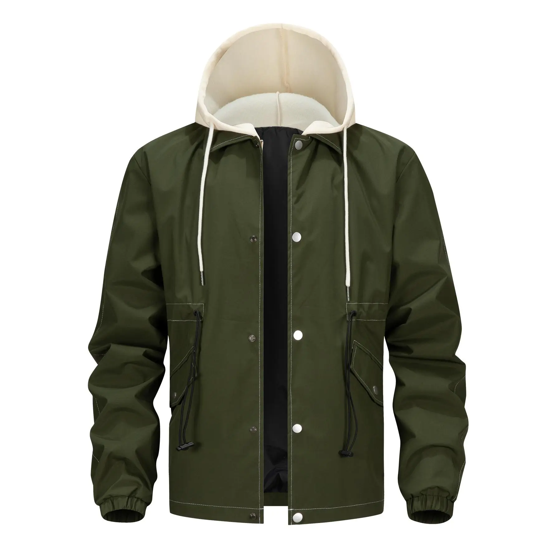 Men's Gorpcore Hooded Coach Jacket Contrast Drawstring Waist Snap Button Utility Outerwear Parka Windbreaker Coat cozy soft cool clean chic active sporty premium classic stylish durable trendy relaxed comfy modern vibe urban fresh hype Multi-Color