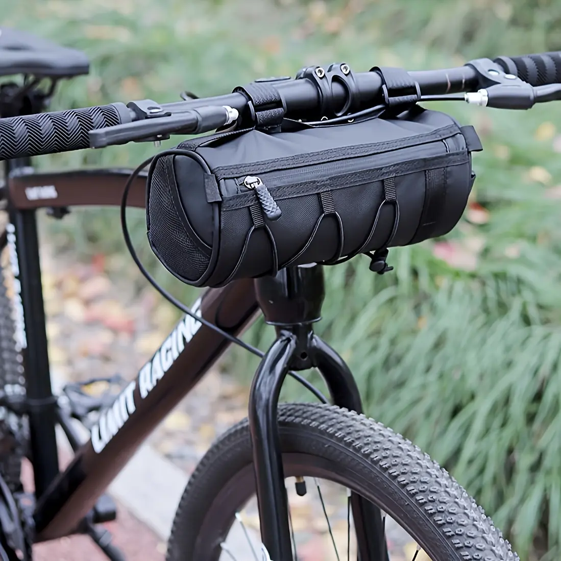Large Capacity Adjustable Bicycle Handlebar Bag - Black Multi-compartment Front Frame Tube Bag with Handlebar Mount, Stylish Cylinder Design with Elastic Fixing System for Storage of Cycling Essentials