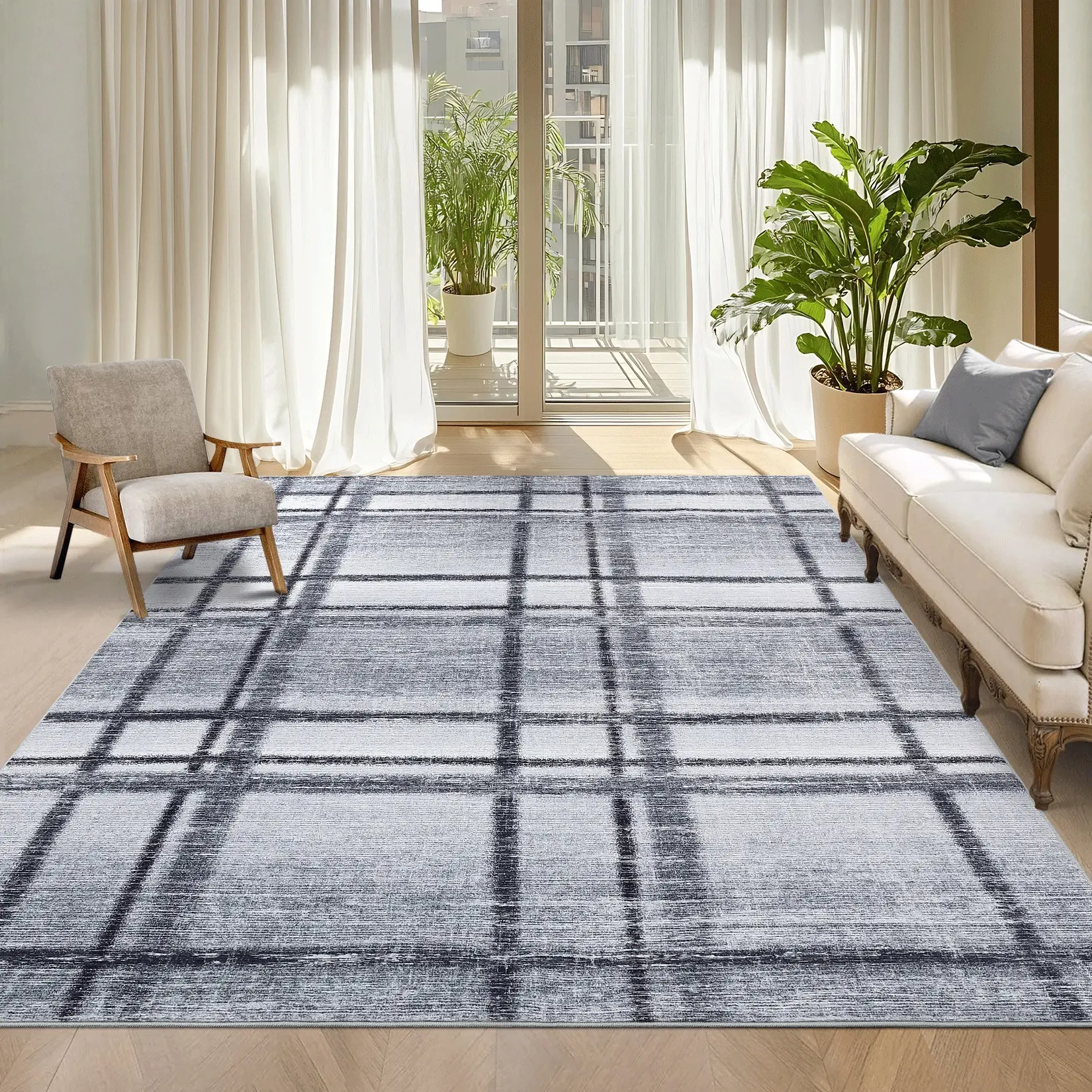 Modern Distressed Neutral Geometric Area Rug, Ultra Thin Soft Foldable Non-Shedding Washable Rug with Rubber Backing for Living Room, Bedroom, Cafe & Game Room Indoor Decor