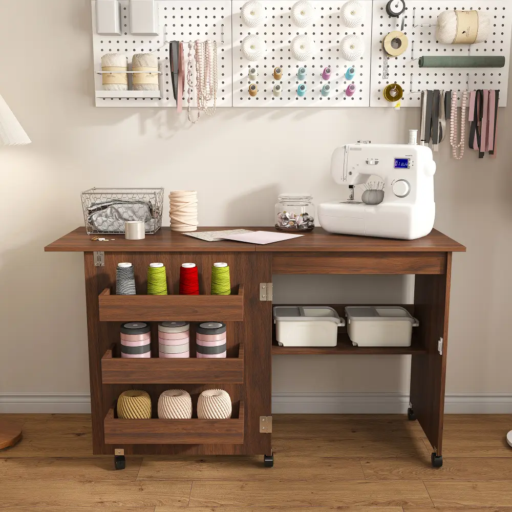 Littleox Walnut 4-in-1 Folding Sewing Table with Lockable Wheels – Multi-Functional Craft Station, End Table, Computer Desk & Kitchen Storage with Shelves, Rolling Sewing Machine Table for Apartments
