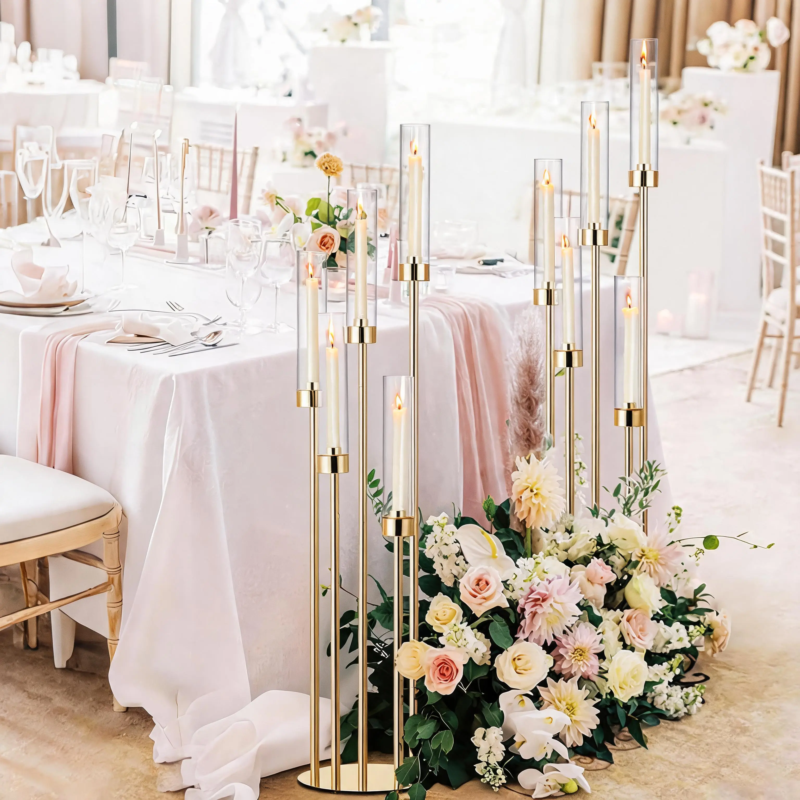 45.7in Tall 5 Arm Acrylic Candelabra Centerpiece with Acrylic Shade, Clear Floor Candle Holder for Wedding Party Home Decor, Fits 0.8in LED Candles (No Candle Included)