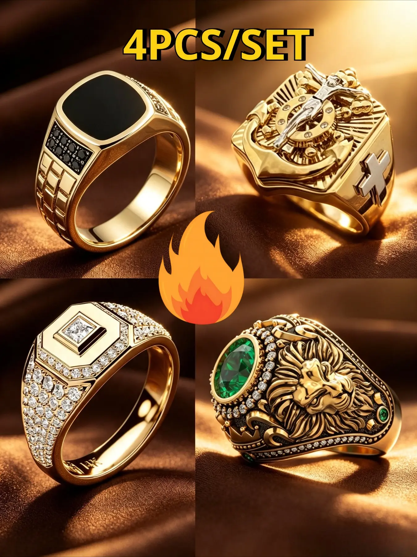 4Pcs Men's Luxury Gold Plated Wide Signet Ring Collection, Black Onyx, Crystal, Lion Head, Jesus Cross Engraved Statement Finger Jewelry, Hypoallergenic, Vintage Business Party Gift for Men
