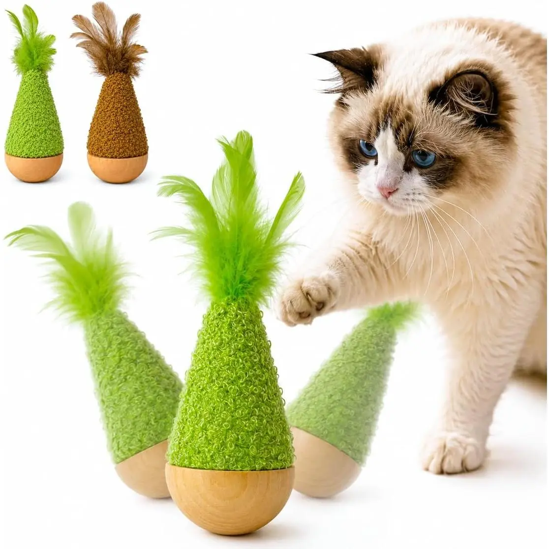 2-Pack Interactive Self-Righting Wobble   with ,  Plush Wooden Tumbler for Bored Adult Indoor Cats Silent Self Play  Enrichment , Green & Brown